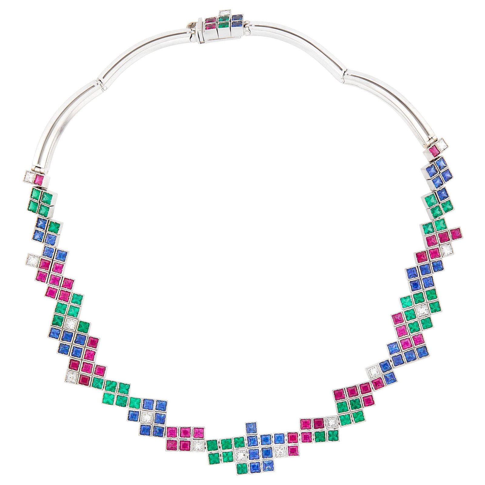 White Gold, Gem-Set and Diamond Necklace: 18 kt., 82 square modified brilliant rubies and sapphires and 42 square modified brilliant emeralds ap. 19.35 cts., 14 square modified brilliant diamonds ap. 2.00 cts., ap. 62.8 dwts. Length 15 1/2 in