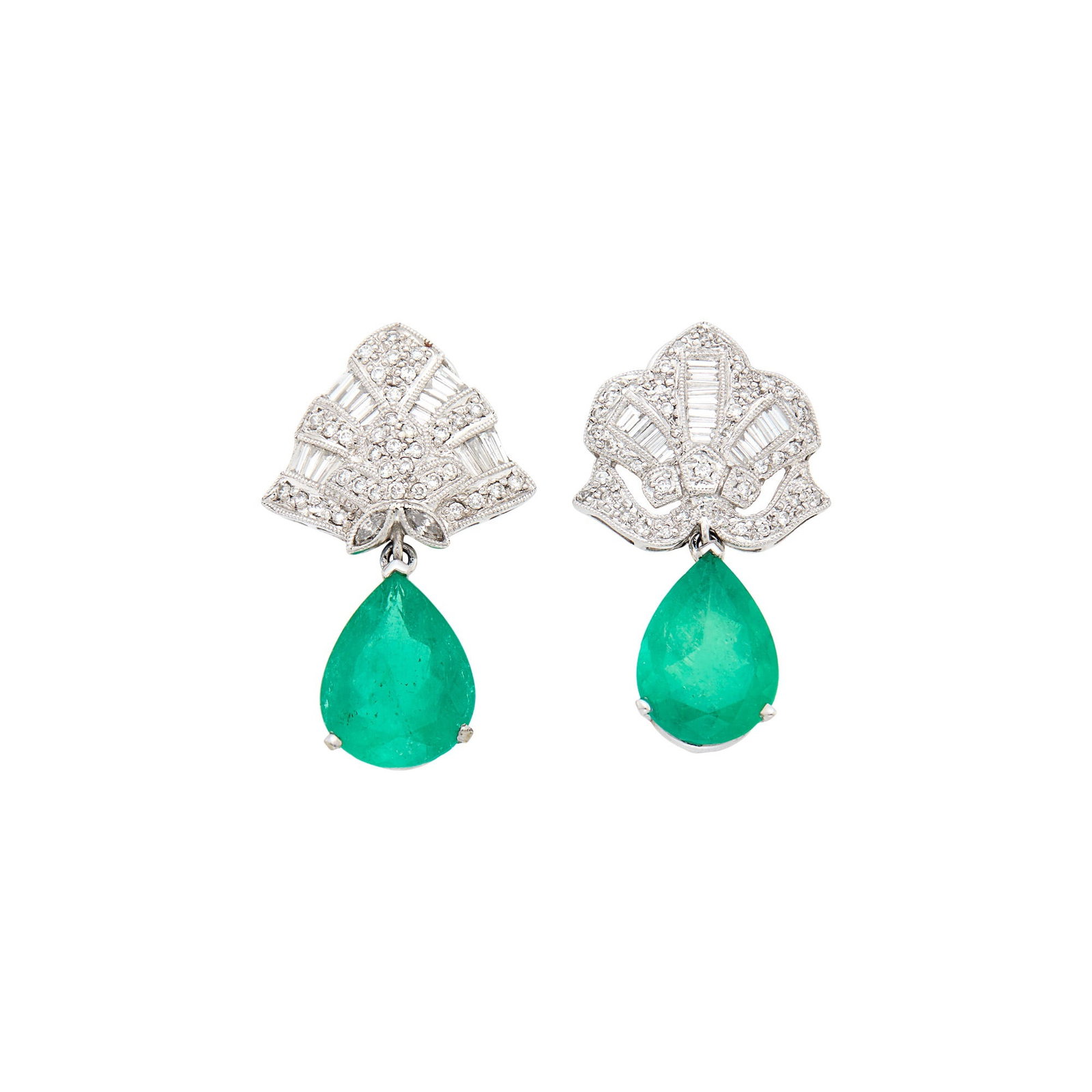 Pair of Platinum, Emerald and Diamond Pendant-Earrings: 2 pear-shaped emeralds ap. 7.45 cts., 72 round, 4 marquise-shaped and 30 tapered baguette diamonds ap. .80 ct., pendants detachable, ap. 9 dwts. Emeralds: bright medium green, moderately included, sev