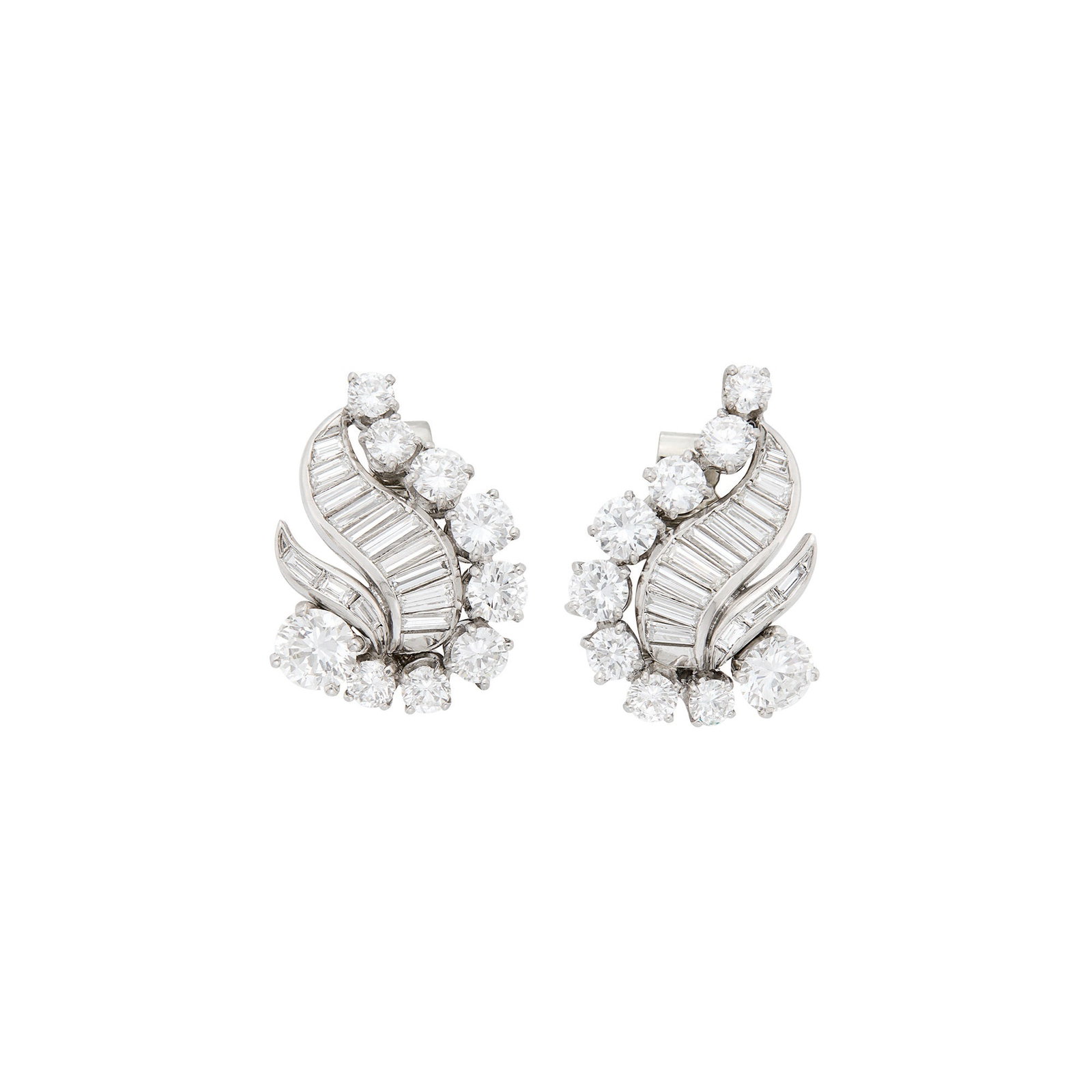 Merrin Pair of Platinum and Diamond Earclips: 2 round diamonds ap. 1.50 cts., 16 round diamonds ap. 3.70 cts., 26 baguette and tapered baguette diamonds ap. 1.35 cts., signed Merrin, ap. 12.4 dwts. Diamonds: G-H-I-VS. Clip-backs. 1 x 3/4 inch.
