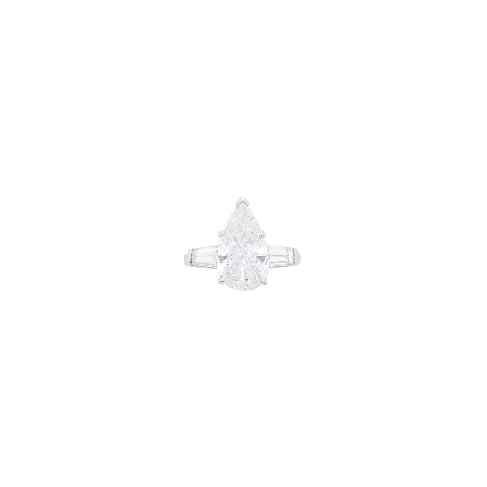 Platinum and Laser-Drilled Diamond Ring: One pear-shaped diamond weighing 3.02 cts., 2 tapered baguette diamonds ap. .60 ct.. Size 4 3/4 With GIA report no. 5191959 stating D color, SI2 clarity, inclusions include laser drill holes, dated Fe