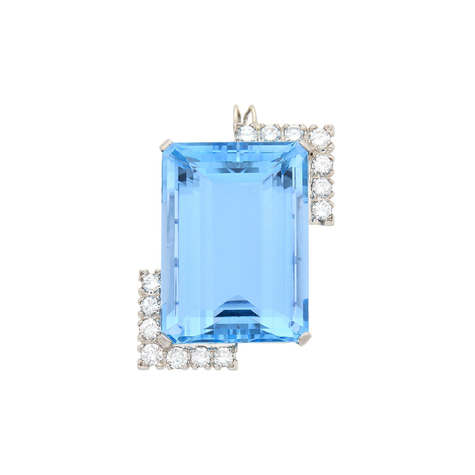 Platinum, Aquamarine and Diamond Pendant: One step-cut emerald-cut aquamarine ap. 78.00 cts., 14 round diamonds ap. 2.10 cts., pendant loop added later, ap. 22.2 dwts. gross. Aquamarine: vivid sky blue, cleanish, very nice cut, very lively. D