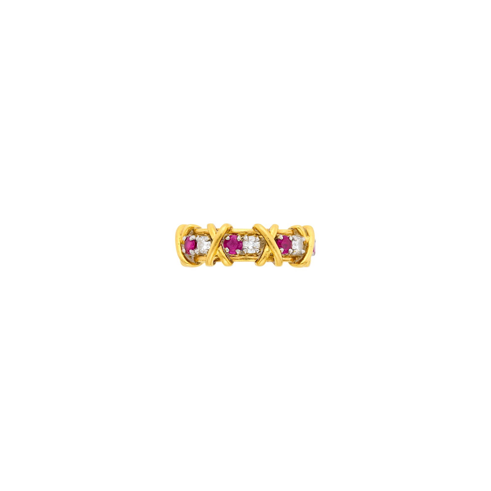 Tiffany & Co., Schlumberger Gold, Diamond and Ruby 'Sixteen Stone' Band Ring: 18 kt., 8 round diamonds ap. .70 ct., 8 round rubies ap. .80 ct., signed Tiffany, Schlumberger, ap. 5.3 dwts. Size 5. Diamonds: G-H-VS. Rubies: bright medium deep slightly pinkish red, slightly includ