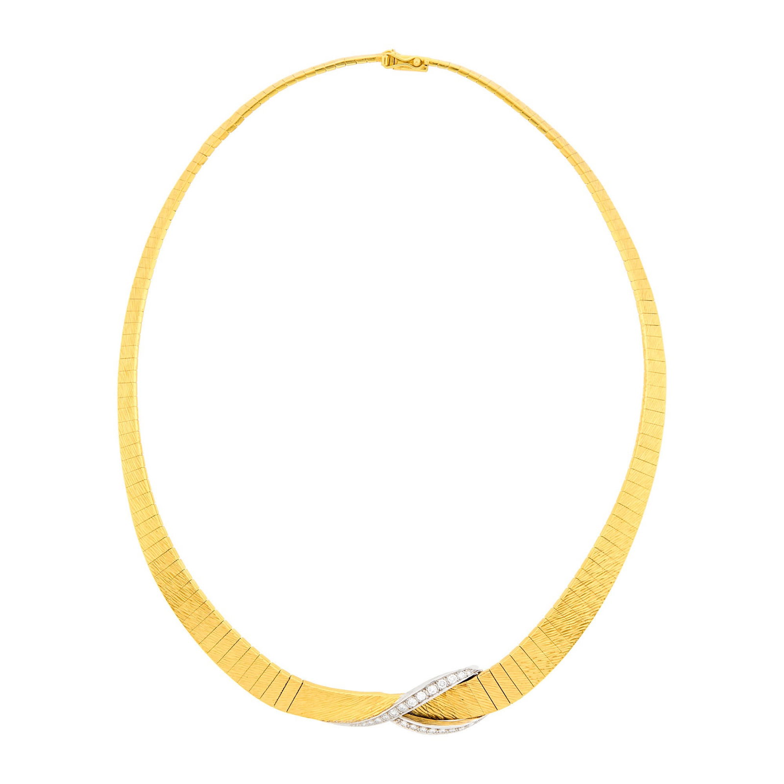 Two-Color Gold and Diamond Necklace: 18 kt. yellow and white gold, 18 round and 4 single-cut diamonds ap. .55 ct., ap. 47 dwts. Length 15 3/4 inches. Diamonds: H-I-VS. Width 5/8 to just under 1/4 inch.