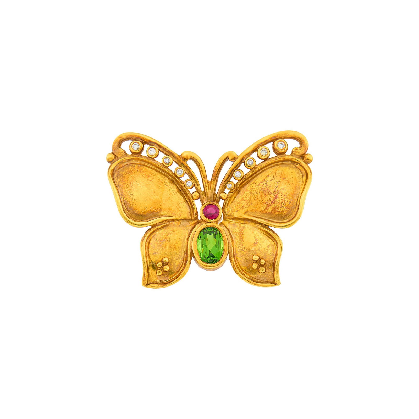 Helen Woodhull Gold, Tourmaline, Ruby and Diamond Butterfly Brooch: 18 kt., one oval tourmaline, one round ruby, 10 small round diamonds, signed HW, '98, ap. 9 dwts. Tourmaline: bright medium deep very slightly yellowish green, cleanish, very lively. Ruby: vivid red, 