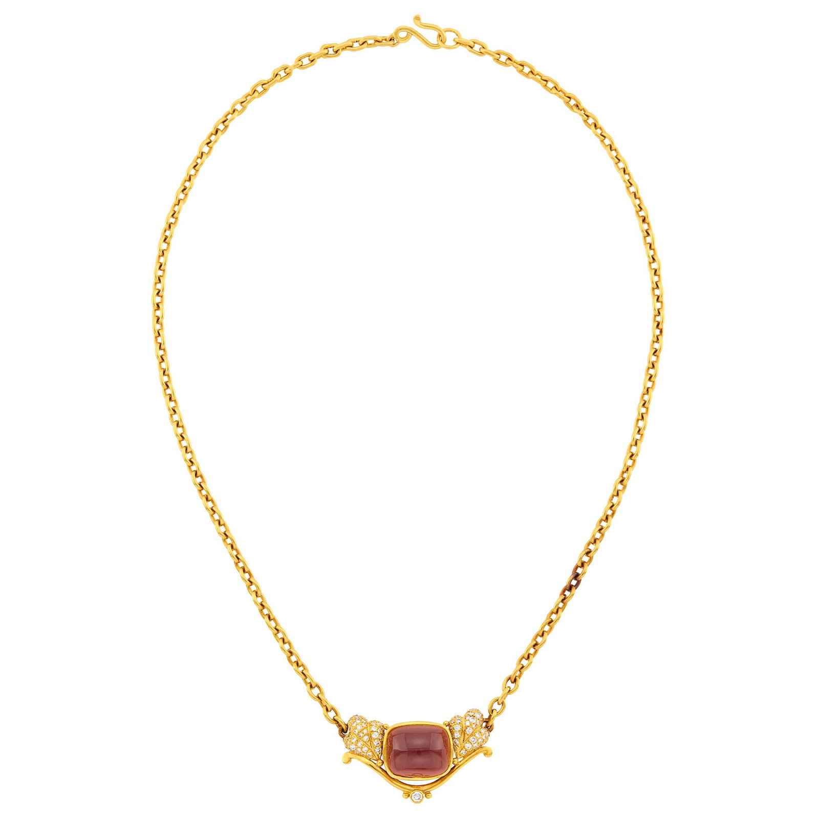 Helen Woodhull High Karat Gold, Cabochon Garnet and Diamond Chain Necklace: 22 kt., one cushion-shaped garnet ap. 15.2 x 12.4 x 6.2 mm., 85 round diamonds ap. 1.50 cts., signed H.W., ap. 24.8 dwts. Length 18 1/2 inches. Garnet: medium deep slightly brownish red, minor inclusi