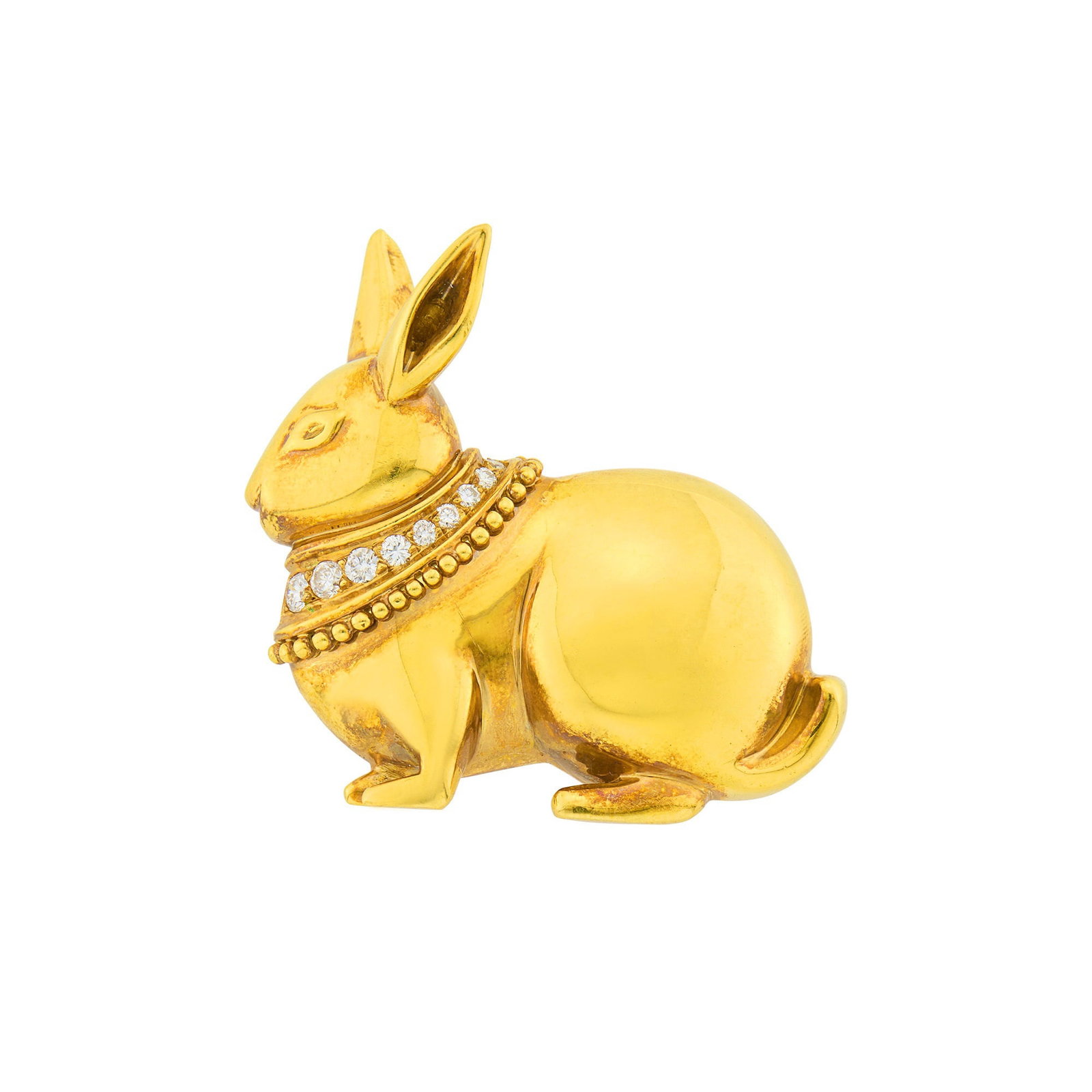 Attributed to Helen Woodhull Gold and Diamond Rabbit Brooch: 9 round diamonds ap. .40 ct., unsigned, ap. 13.2 dwts. Tests as 18 kt. Diamonds: G-H-VS. Normal wear, minor scratches, some abrasions slightly visible. 1 1/2 x 1 5/8 inches.