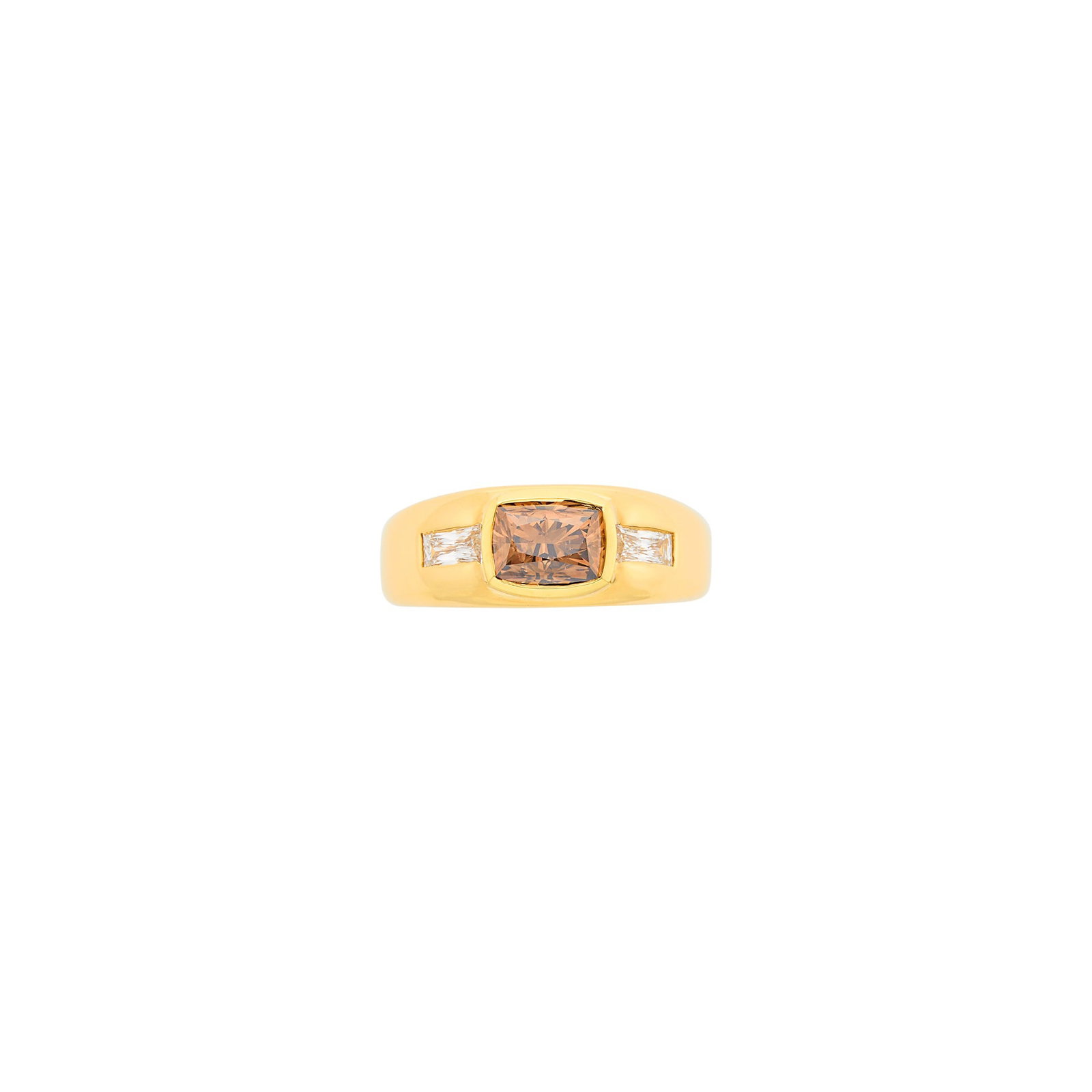 Gold, Fancy Dark Orangy-Brown Diamond and Diamond Ring: 18 kt., one rectangular cushion-shaped modified brilliant Fancy Dark Orangy Brown diamond weighing 2.09 cts., 2 rectangular scissor-cut diamonds ap. .45 ct., signed Van Busch, ap. 7.5 dwts. Size 9 3/4
