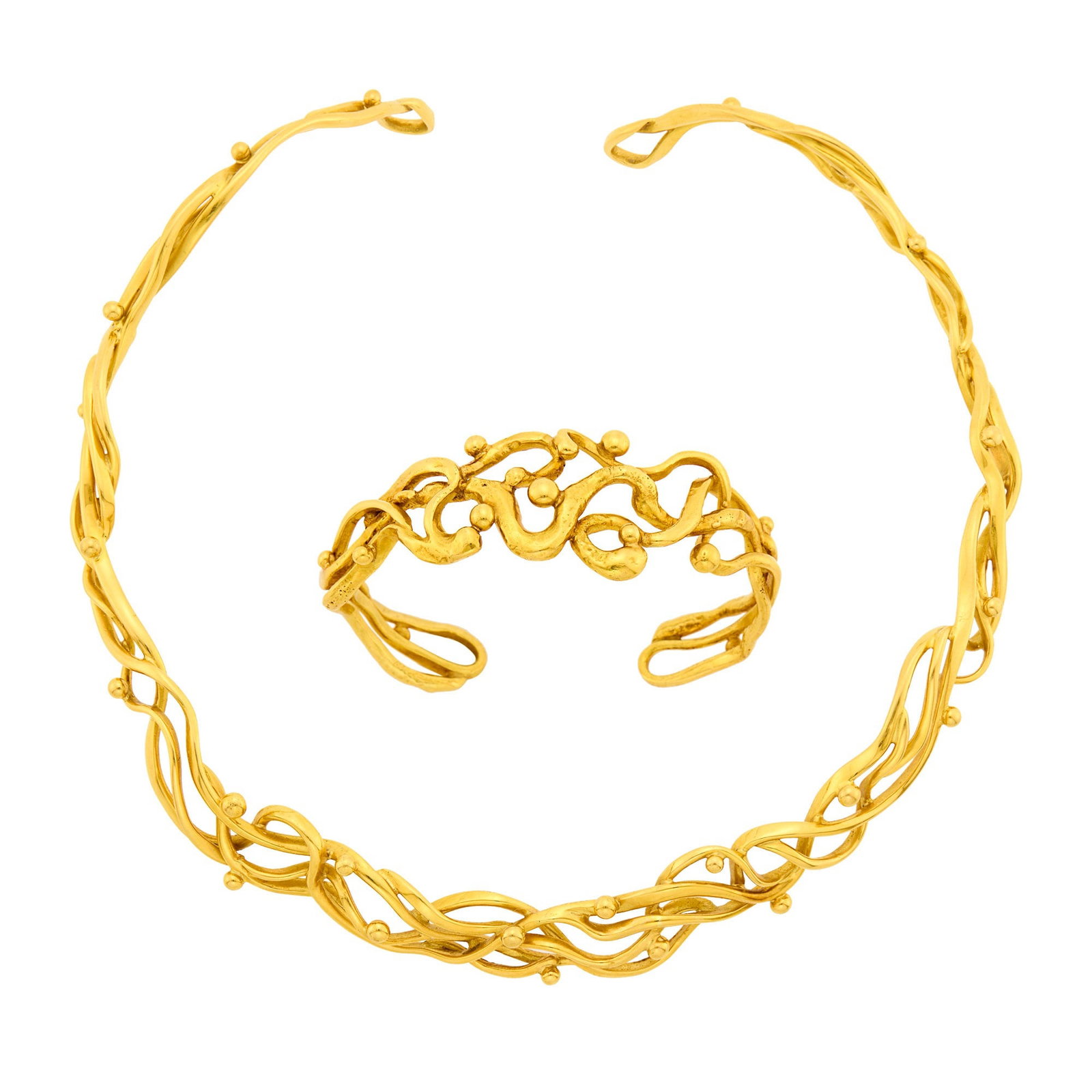 John Rørvig High Karat Gold Torque Necklace and Cuff Bangle Bracelet: 20 kt., necklace and bangle signed JVR, nos. 8331 and 833, ap. 97.7 dwts. Inner cir. 16 7/8 and 7 inches, with open backs. With two signed boxes. Necklace width 5/8 to 1/4 inch. Bangle width 7/8 to 1/