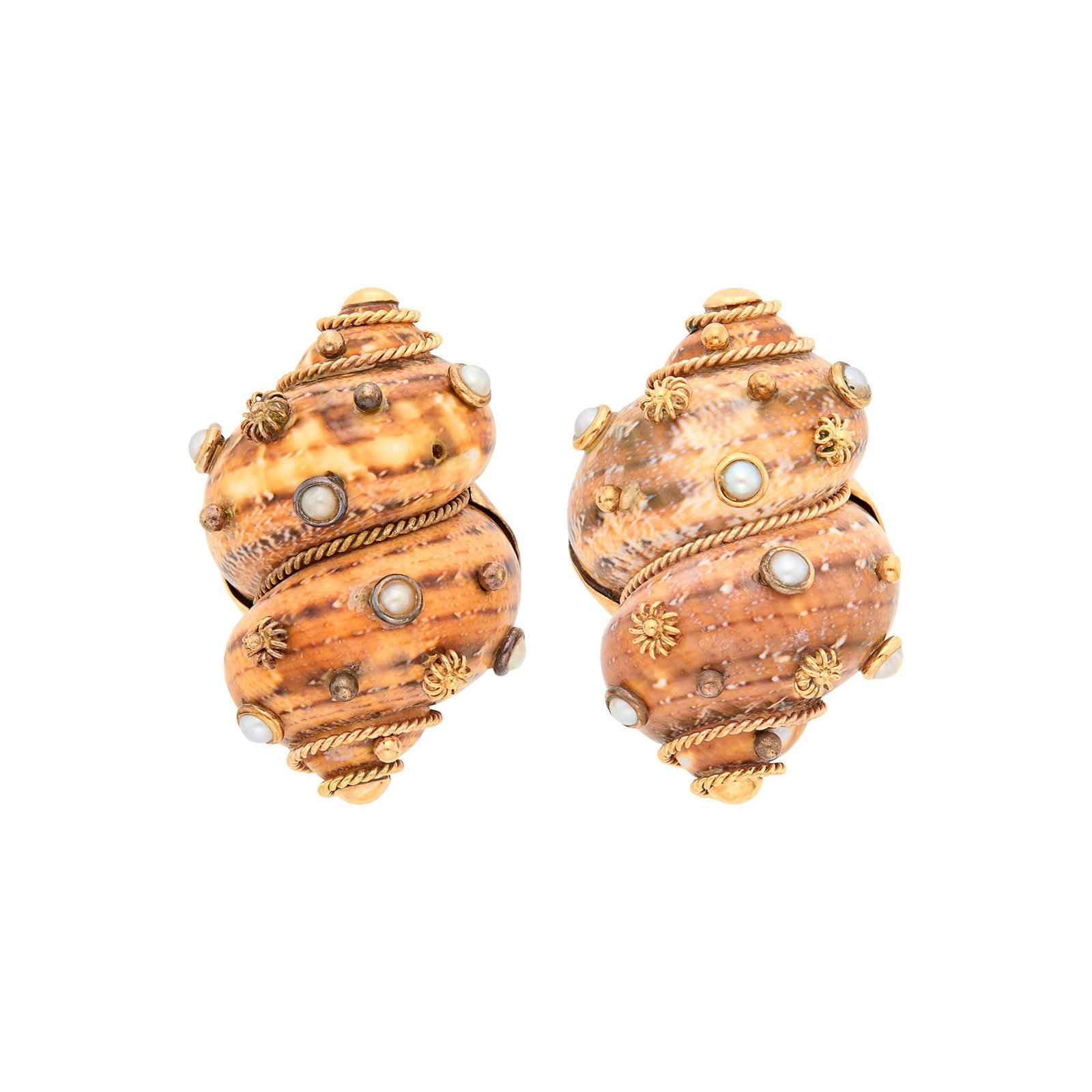 Maz Pair of Gold, Shell and Split Pearl Earclips: 14 kt., variegated brown and white shells, split-pearls, gold bead embellishments, one missing, signed Maz, ap. 19 dwts. gross. One gold bead embellishment missing. Clip-backs and bent posts. 1 1/2 x 