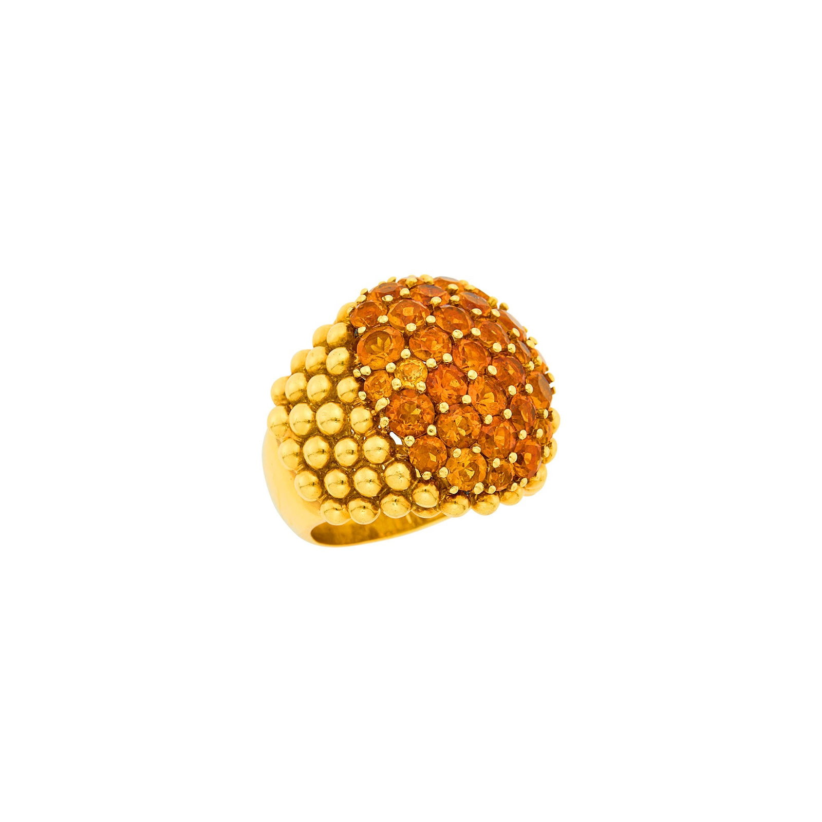 Pasquale Bruni Gold and Citrine Ring: 18 kt., round citrines, with Italian mark for Pasquale Bruni, 2211 AL, ap. 18 dwts. Size 9. Citrines: bright medium deep slightly brownish yellowish orange, cleanish, lively. Width 7/8 inch.