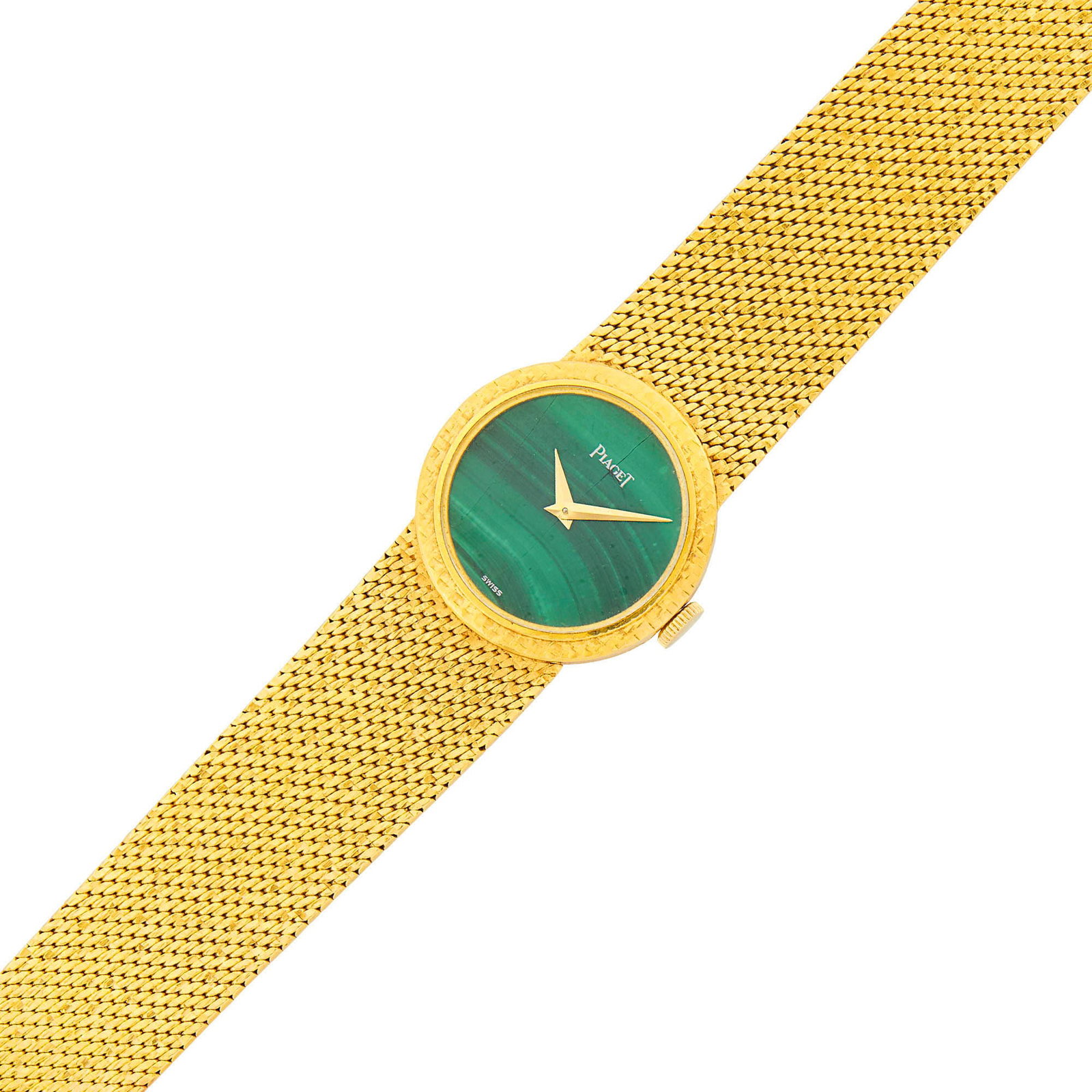 Piaget Gold and Malachite Wristwatch: 18 kt., mechanical, round numberless malachite dial, 2gold-tone hands, case dia. ap. 23 mm., textured mesh bracelet with fold-over clasp, signed Piaget, case nos. 6924K5, 231394, two hairline cracks o