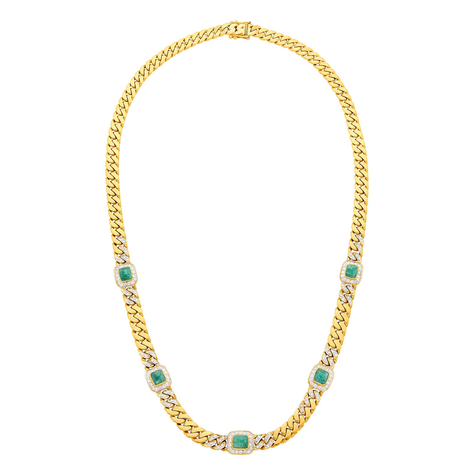Two-Color Gold, Cabochon Emerald and Diamond Curb Link Chain Necklace: 18 kt. yellow and white gold, 5 square and rectangular cabochon emeralds, 120 round diamonds ap. 2.80 cts., ap. 54.7 dwts. Length 22 inches. Emeralds: medium mottled green, visibly included, surface-r