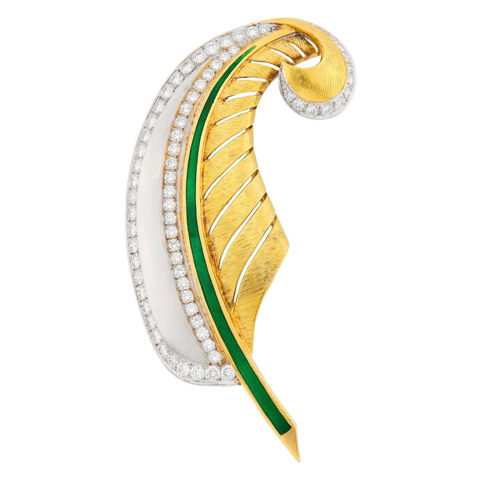 Two-Color Gold, Diamond & Green Enamel Feather Clip-Brooch: 18 kt. yellow and white gold, 57 round diamonds ap. 2.65 cts., signed Dan Busch, ap. 16 dwts. Diamonds: G-H-I-VS. 3 x 1 inches.