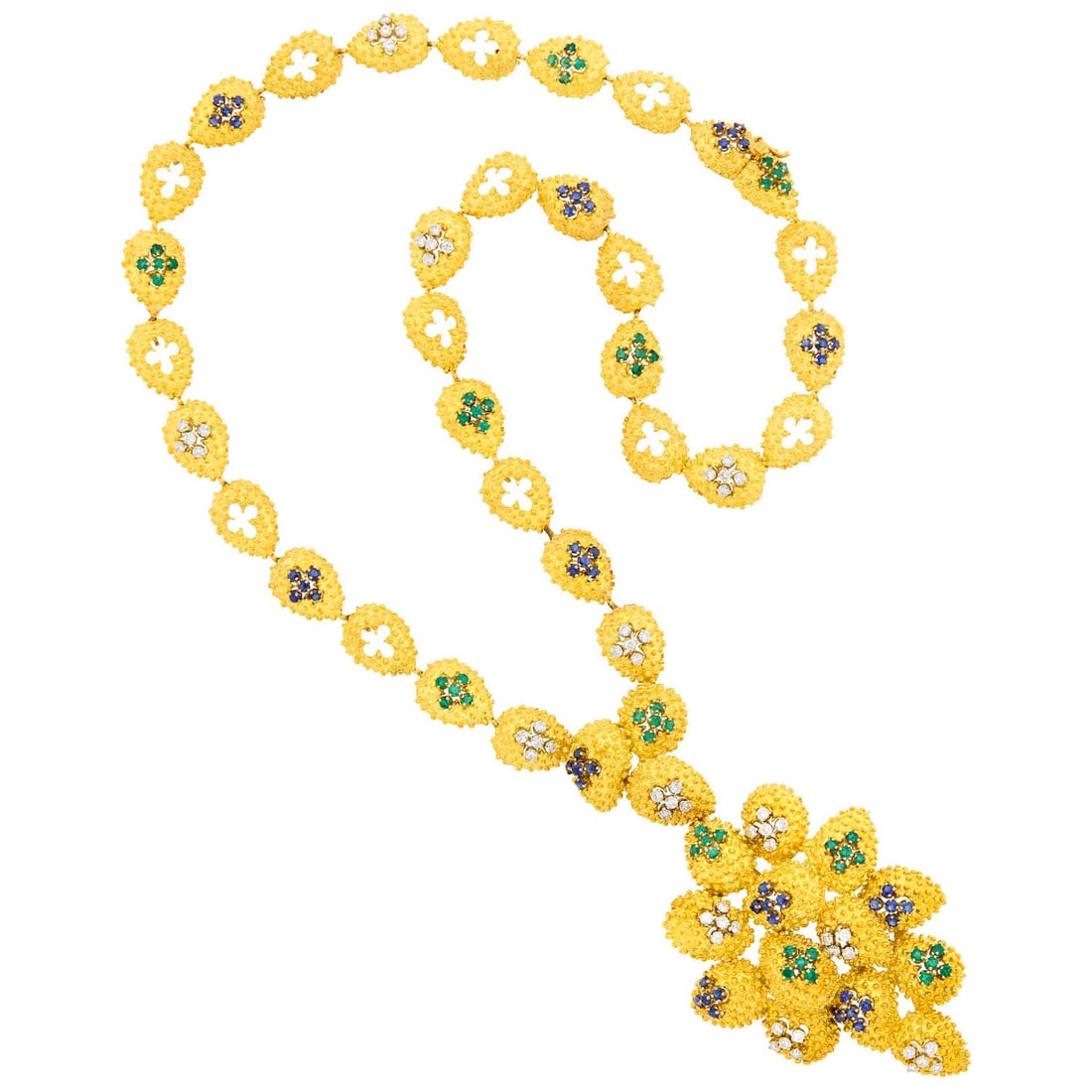 Long Gold, Diamond, Emerald, Sapphire Pendant-Brooch Necklace: 18 kt., 59 round diamonds ap. 4.25 cts., 55 round emeralds, 55 round sapphires, pendant-brooch detachable, ap. 129 dwts. Length 26 3/8 inches. Diamonds: H-I-VS-SI. Emeralds: bright medium deep green, 