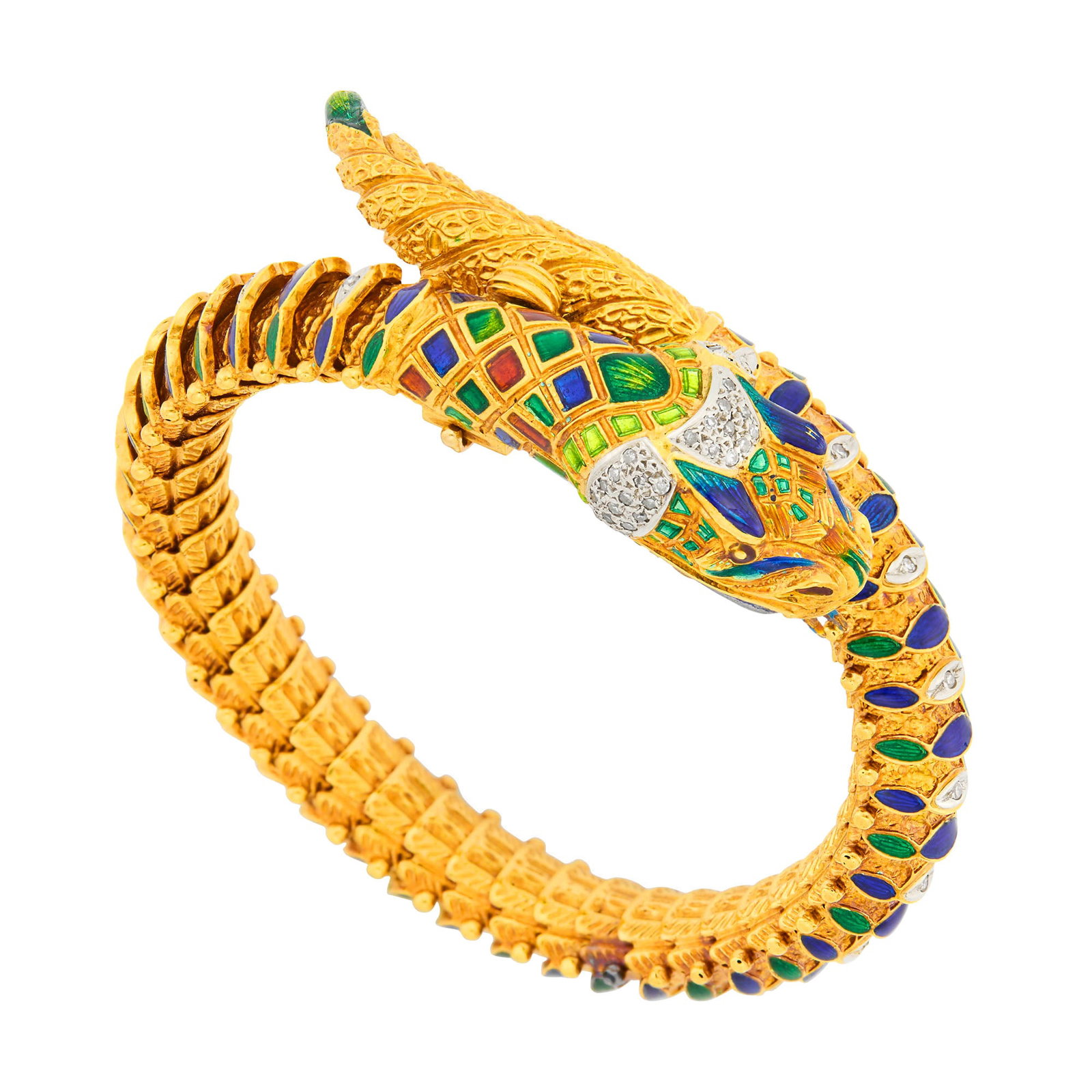 Gold, Enamel and Diamond Snake Bracelet: Blue, green and red enamel, single-cut diamonds, minor enamel loss, ap. 51 dwts. Inner cir. 6 1/4 inches. * Tests as 18 kt. Turquoise enamel loss on tongue, minor blue enamel loss on ey