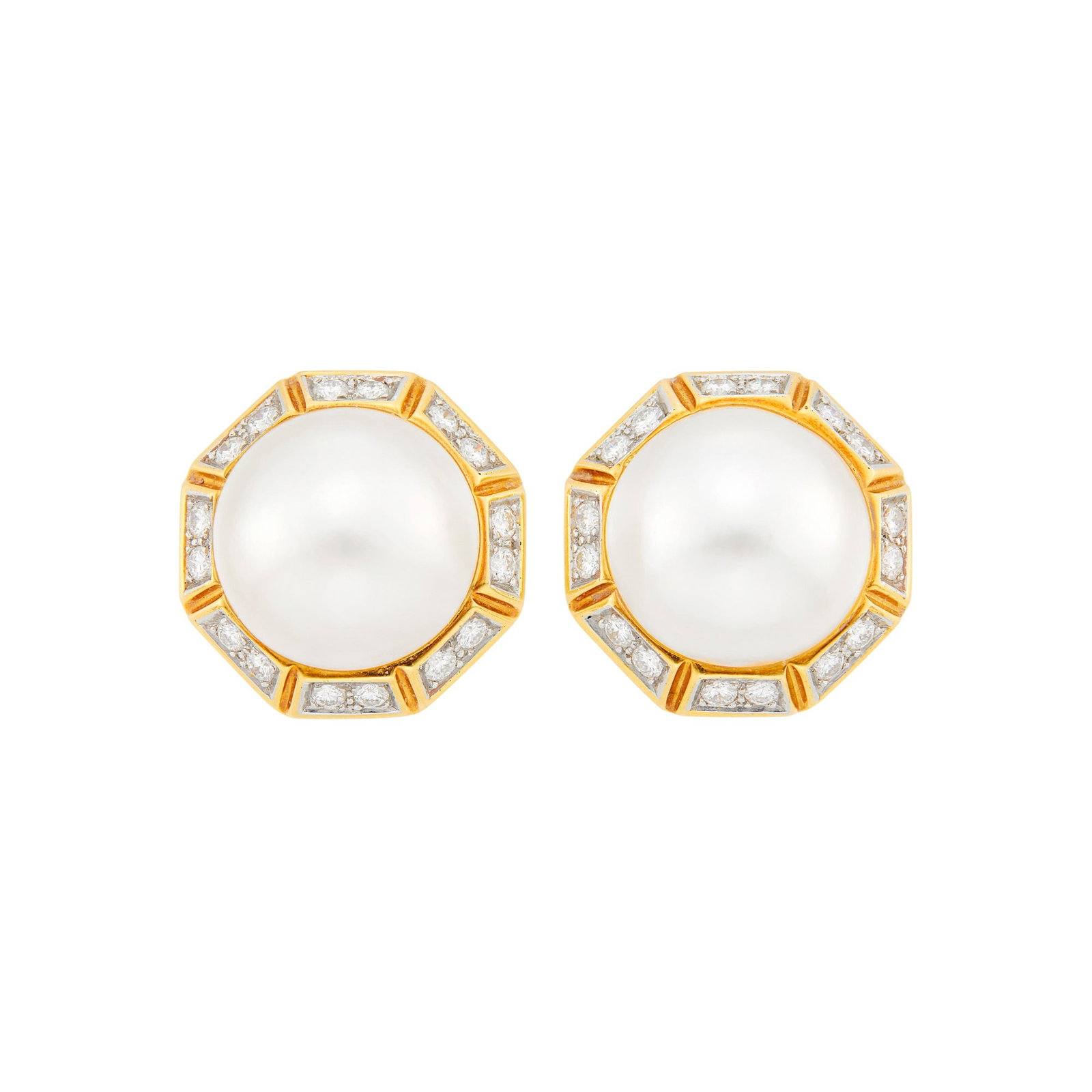 Pair of Two-Color Gold, Mabé Pearl and Diamond Earclips: 18 kt. yellow and white gold, 2 mabé pearls ap. 18.2 mm., 28 round diamonds approximately 1.70 cts., ap. 17.6 dwts. Mabé pearls: slightly creamy with rose overtones and rose and green orient