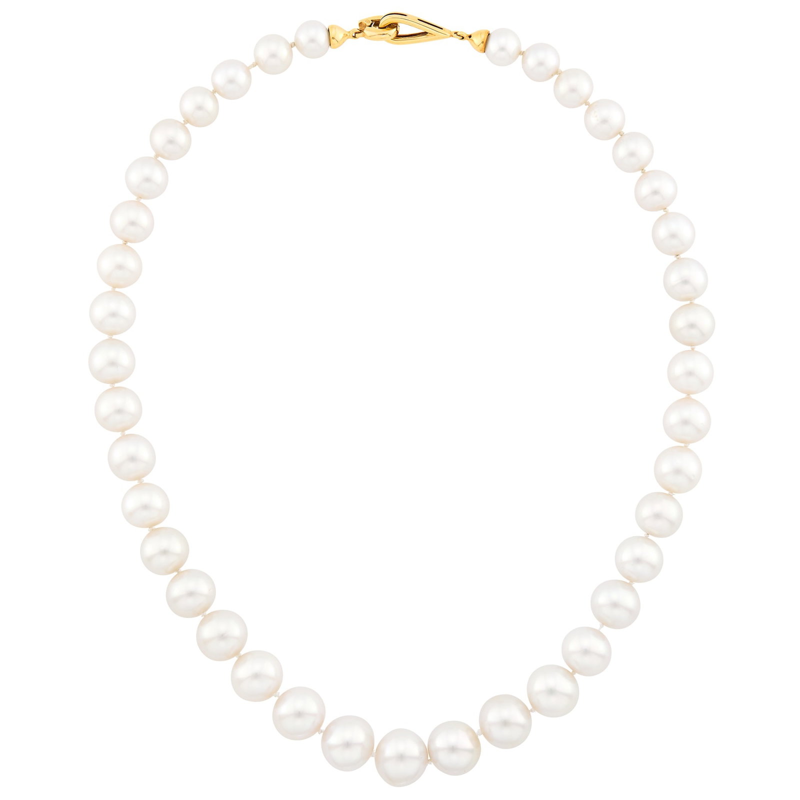 South Sea Cultured Pearl Necklace with Gold Clasp: 14 kt., 39 pearls ap. 14.0 to 9.5 mm. Length 20 inches. Pearls: white with rose and green orient, several minor creases and dimples, out-of-round, very good luster.