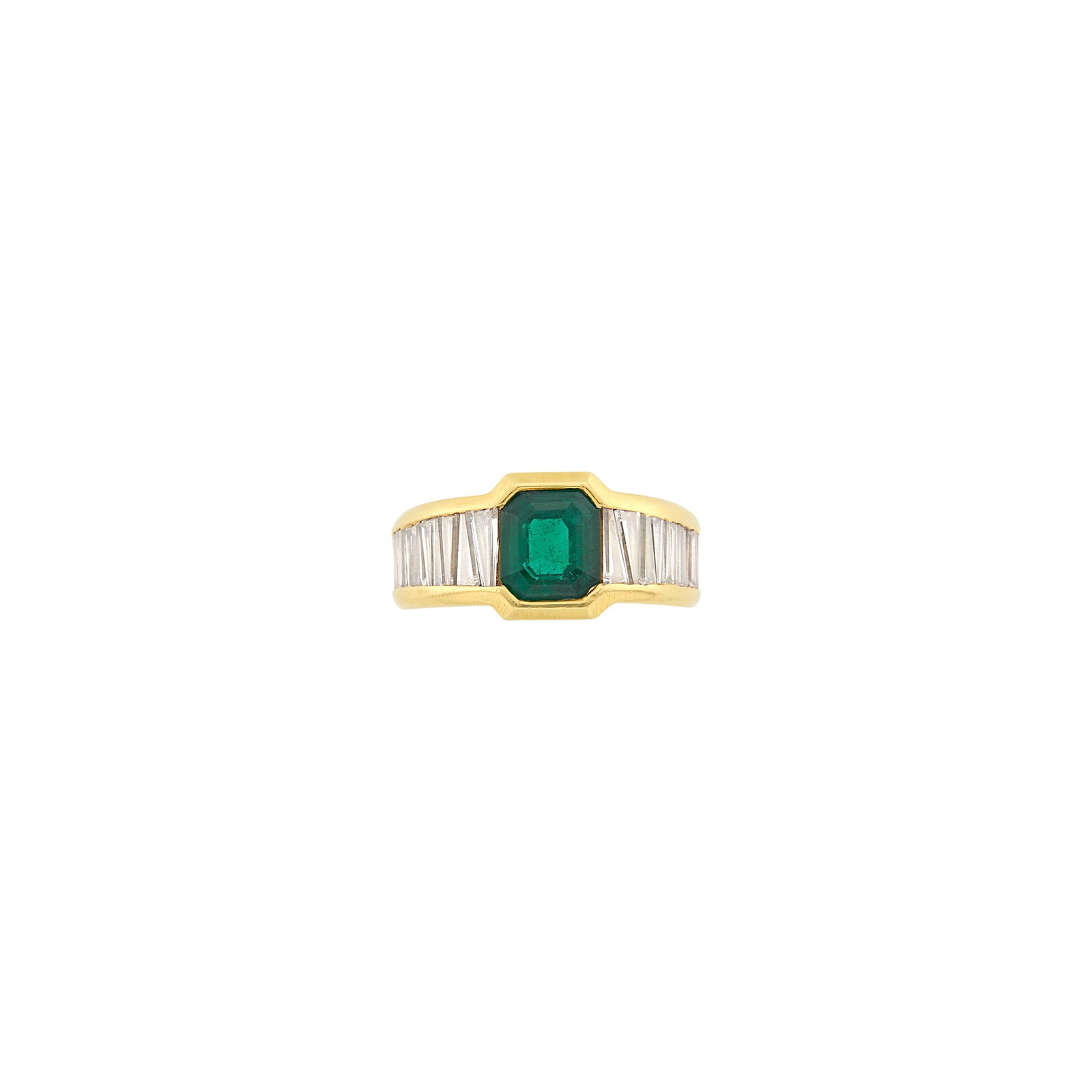 Gold, Emerald and Diamond Ring: One cut-cornered emerald-cut emerald ap. 1.50 cts., 26 tapered baguette diamonds ap. 1.50 cts., ap. 6.7 dwts. Size 7 1/4. Emerald: deep green, slightly included, minor surface-reaching inclusion, seve
