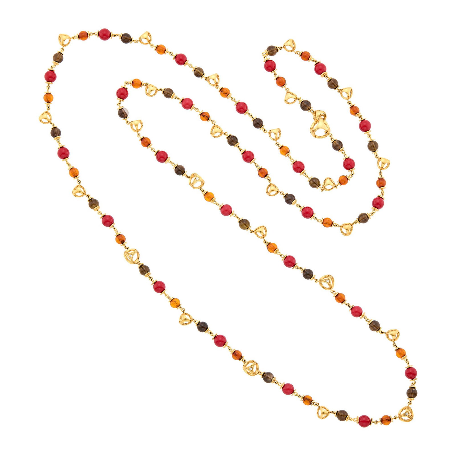 Di Modolo Long Gold, Red Stone, Smoky Quartz and Amber Bead and Diamond 'Triadra' Chain Necklace: 18 kt., red beads ap. 6.0 mm., smoky quartz beads ap. 5.5 mm., amber beads ap. 4.8 mm., 20 small round diamonds ap. .20 ct., signed Di Modolo, with Italian marks, ap. 31.7 dwts. gross. Length 42 inche