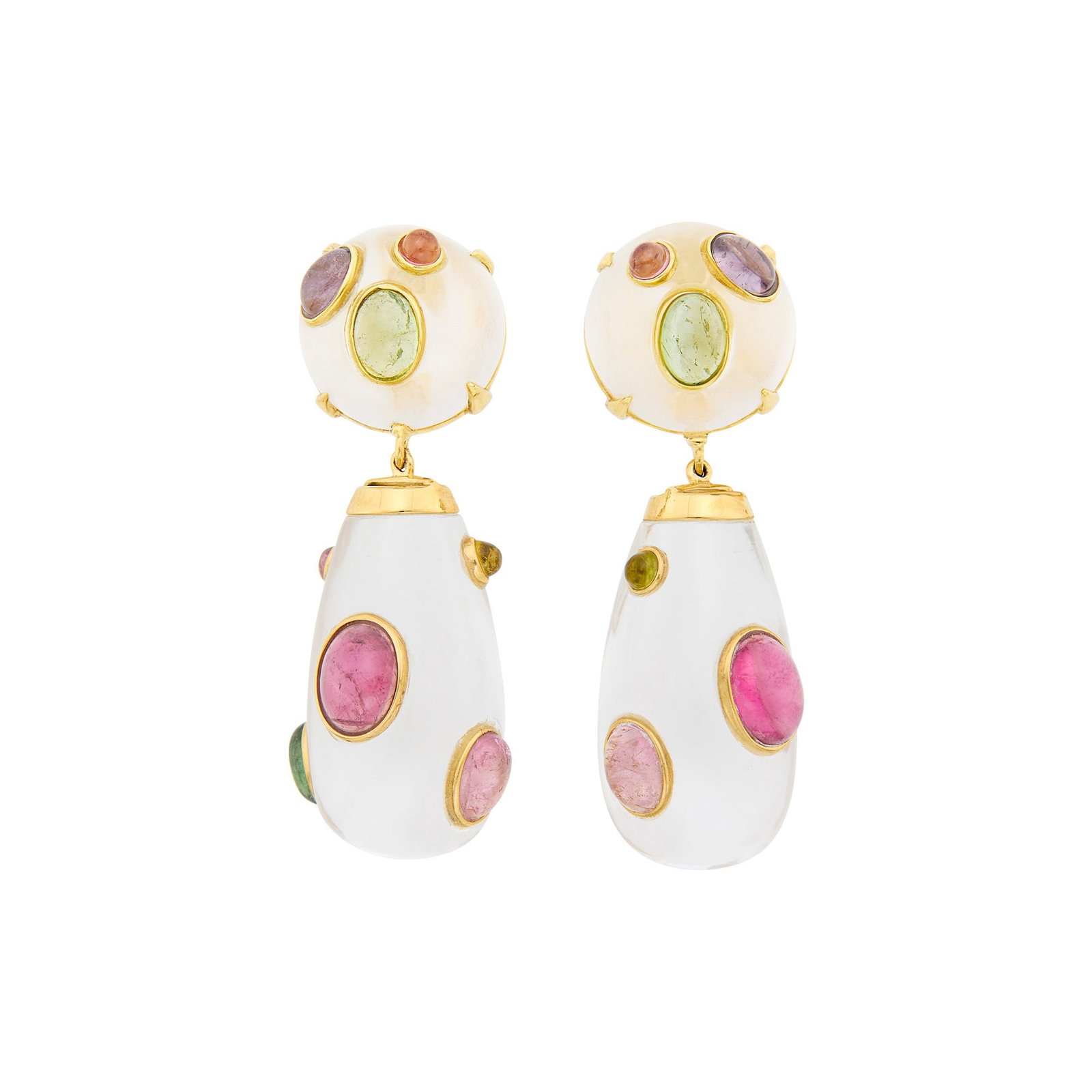 Pair of Gold, Rock Crystal and Cabochon Multicolored Colored Stone Pendant-Earclips: 18 kt., 2 round cabochon rock crystal ap. 16.5 mm., 2 rock crystal drop-shaped pendants ap. 27.0 x 15.6 mm., 18 round and oval cabochon pink, and green tourmalines, amethysts and peridots. Clip-backs 