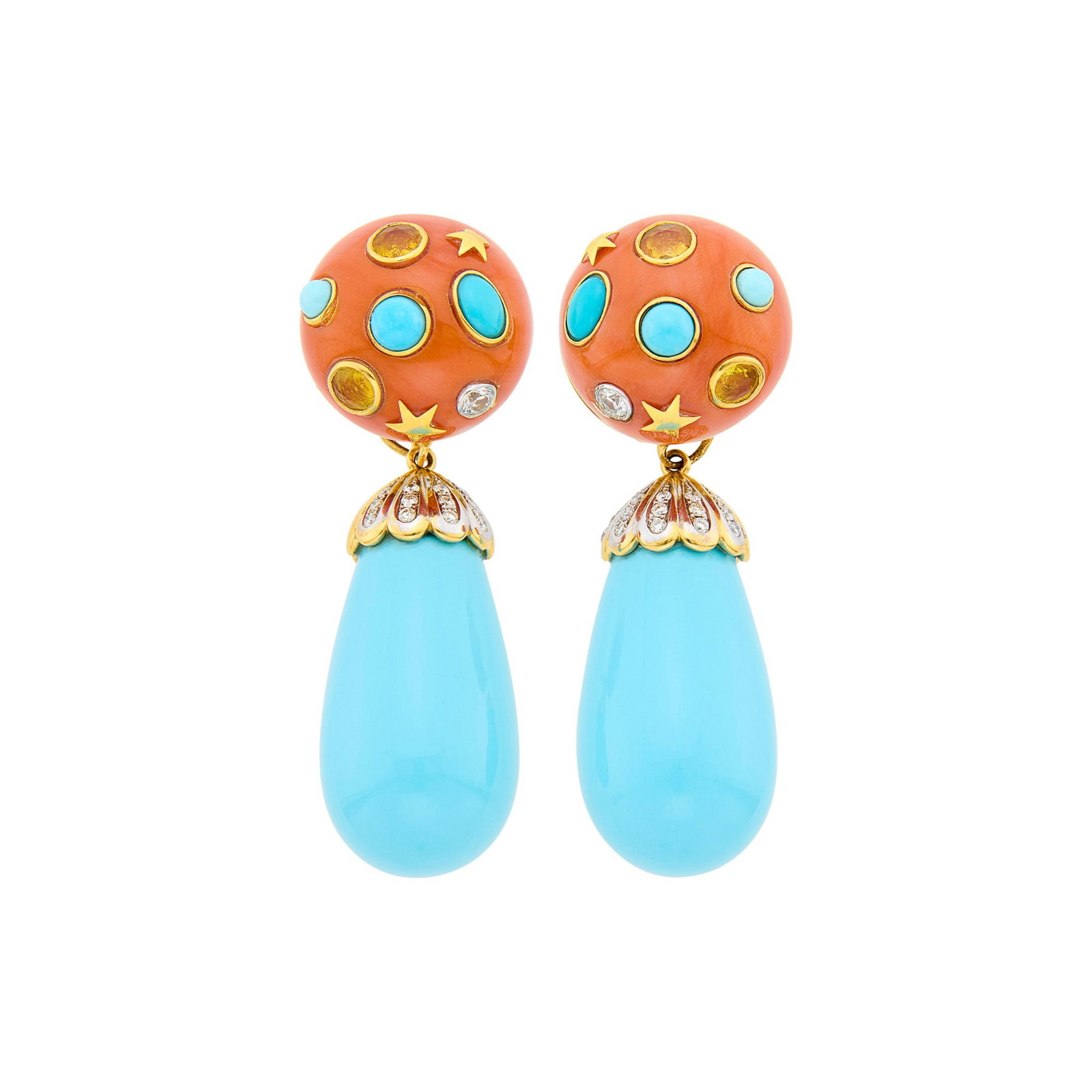 Pair of Gold, Coral, Turquoise, Reconstituted Turquoise, Yellow Sapphire and Diamond: 18 kt., 2 round cabochon corals ap. 17.8 mm., 6 round and oval turquoise, 4 round yellow sapphires, 2 round diamonds, 2 dr