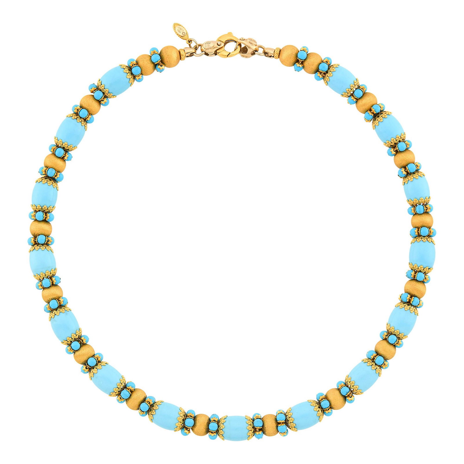 Gold and Turquoise Bead Necklace: 18 kt., barrel-shaped turquoise ap. 10,2 x 9.3 mm., rondelles of round cabochon turquoise, textured gold beads, signed Sun Day, ap. 42.4 dwts. gross. Length 17 3/4 inches. Turquoise: medium turquoise 