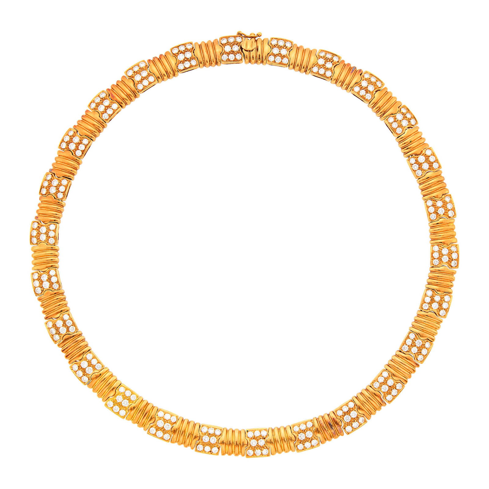 Gold and Diamond Necklace: 208 round diamonds ap. 6.50 cts., ap. 40 dwts. Length 14 3/4 inches. Slightly rosy patina to gold. Diamonds: G-H-VS. Width 3/8 inch.
