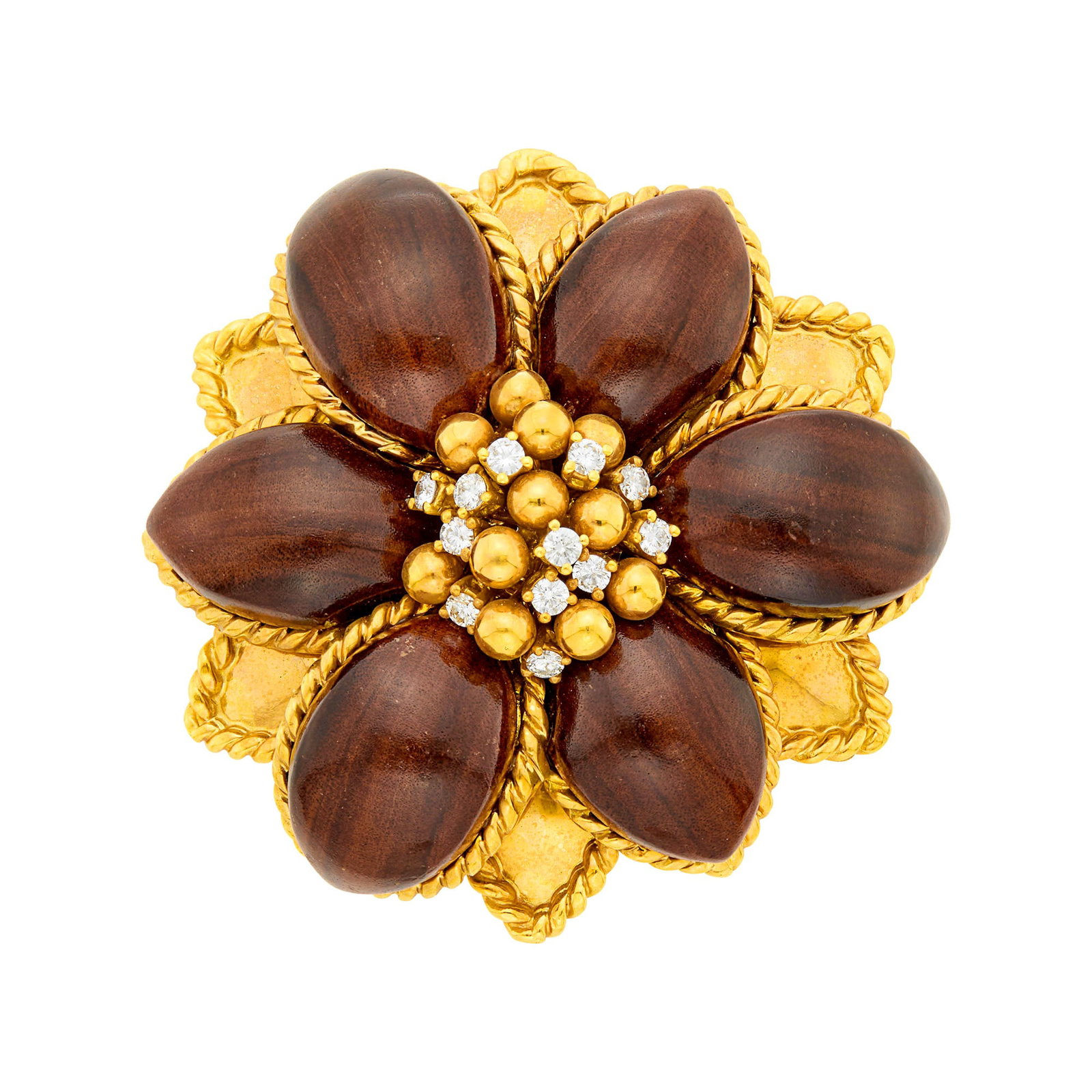 Sabbadini Gold, Wood and Diamond Flower Clip-Brooch: 18 kt., six wood petals, 12 round diamonds ap. 1.10 cts., signed Sabbadini, Made in Italy, with Italian marks, ap. 44 dwts. gross. Diamonds: H-I-VS-SI. Diameter 2 1/4 inches.