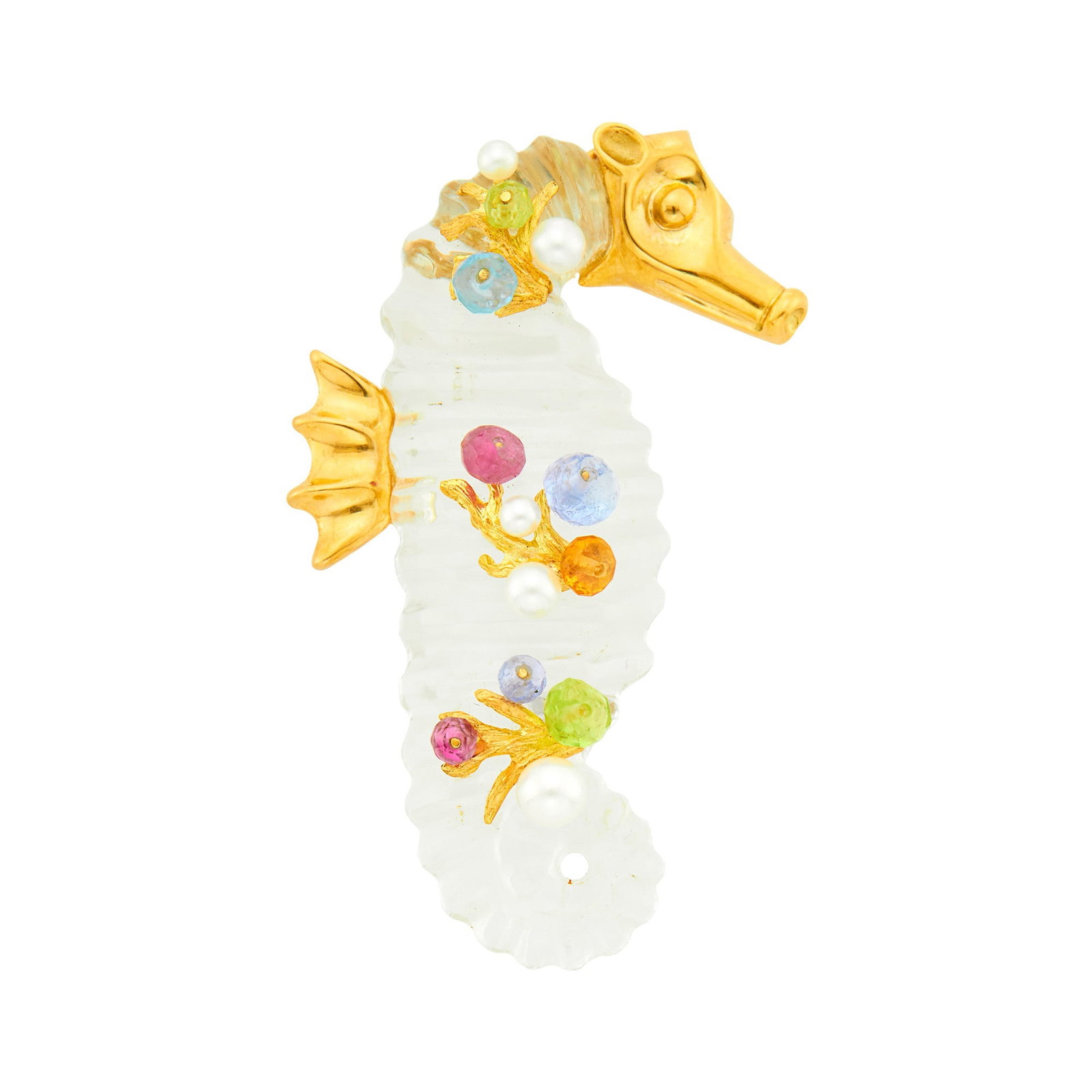 Seaman Schepps Gold, Carved Rock Crystal, Colored Stone Bead and Cultured Pearl Seahorse Clip-Brooch: 18 kt., carved rock crystal sea horse ap. 59.0 x 20.0 mm., 8 peridot, blue topaz, tanzanite and pink tourmaline beads ap. 5.3 to 3.2 mm., 5 pearls ap. 4.8 to 2.8 mm., signed Seaman Schepps. 2 1/2 x 1 