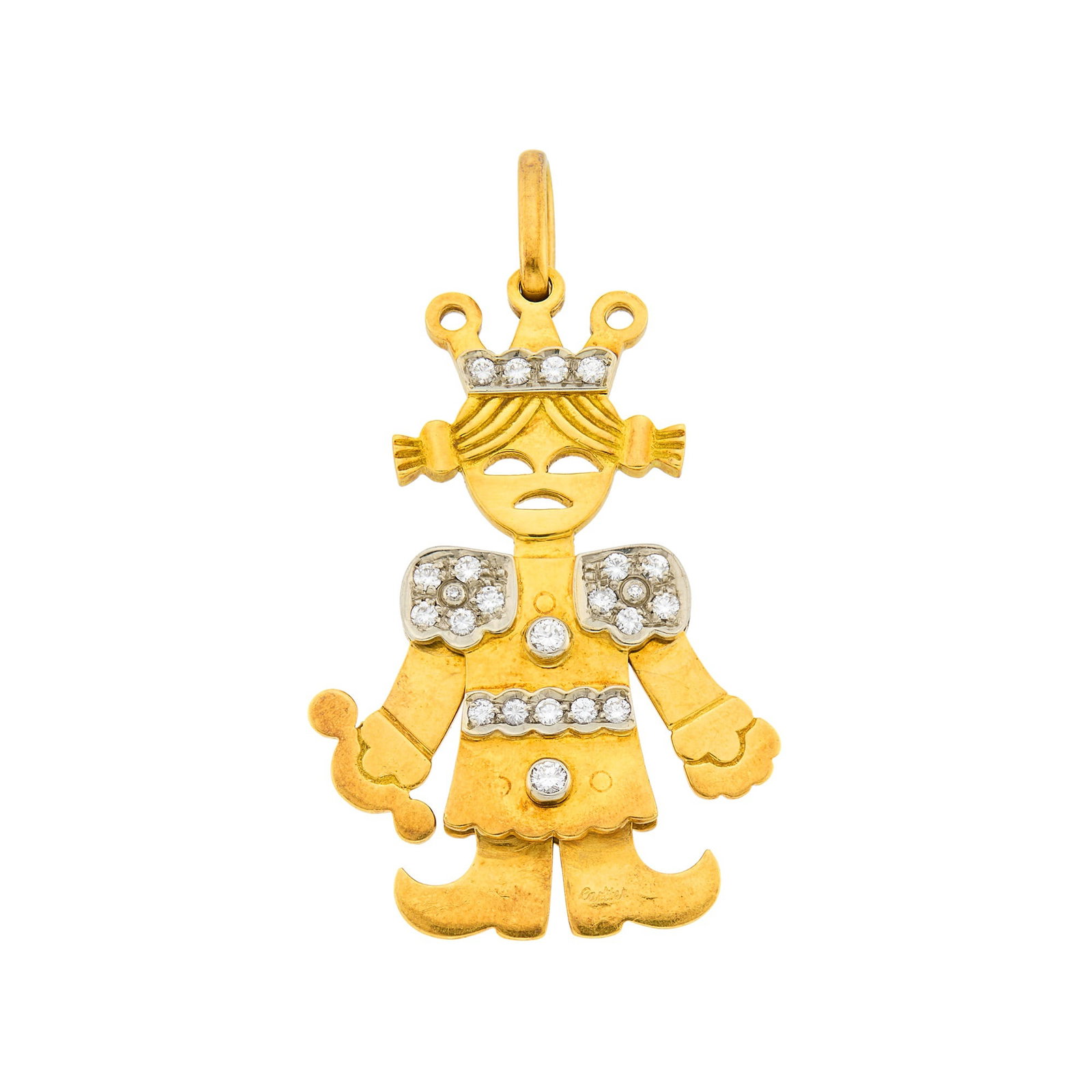 Cartier Two-Color Gold and Diamond Queen Pendant: 18 kt. yellow and white gold, 21 round and 2 single-cut diamonds ap. .70 ct., signed Cartier, no. 54107, with Italian mark, personal inscription on reverse, head, body and limbs movable, ap. 13.5 dwts