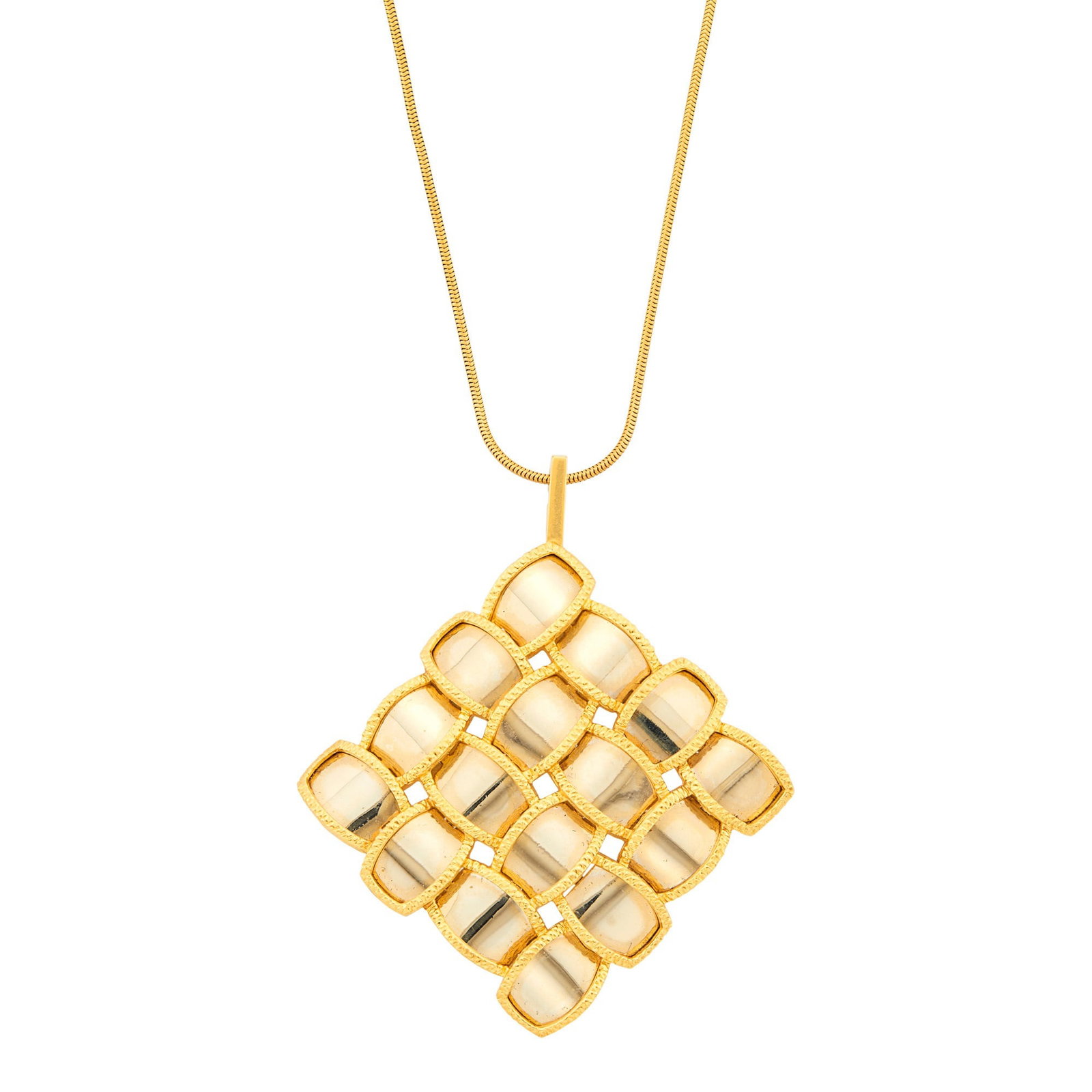 Van Cleef & Arpels Two-Color Gold Pendant, France, with Long Gold Snake Chain Necklace: 18 kt. white and yellow gold, pendant signed VCA, Made in France, no. 16V396-1, with maker's mark, slightly obscured, ap. 16.3 dwts. Length 23 3/4 inches. Chain tests as 18 kt. Pendant diameter 1 1/4 