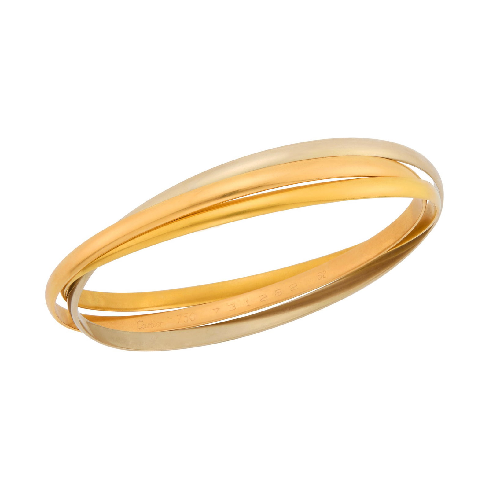 Cartier Tricolor Gold 'Trinity' Bangle Bracelet: 18 kt. yellow, white and rose gold, signed Cartier, no. 731282, with maker's mark, ap. 20.3 dwts. Inner cir. 7 1/2 inches (62). Normal wear. Individual bangle width: 1/8 inch.