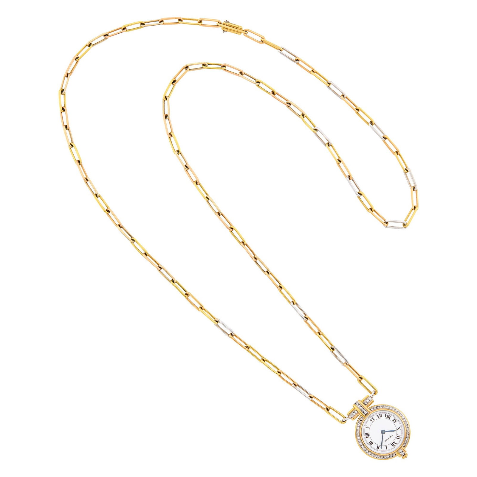 Cartier Paris Tricolor Gold and Diamond Pendant-Watch Chain Necklace: 18 kt. yellow, white and rose gold, mechanical, round white dial, black Roman numerals, outer track indicator, single-cut diamonds, sapphire crystal, inverted diamond crown, case dia. ap. 26.5 mm., tr