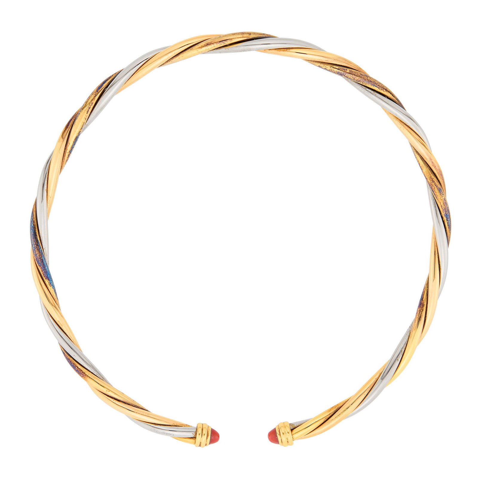 Cartier Tricolor Gold and Coral Twisted Torque Necklace, France: 18 kt. yellow, white and rose gold, 2 round cabochon coral ap. 5.5 mm., signed Cartier, 1990, no. 915509, with maker's mark and French assay mark, ap. 41.5 dwts. Inner cir. 15 1/4 inches, with open fr