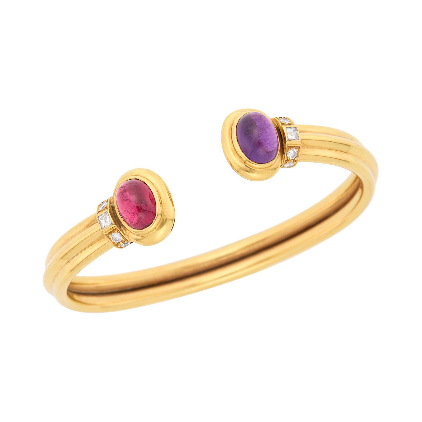 Bulgari Gold, Amethyst and Pink Tourmaline Bangle Bracelet: 18 kt., one oval cabochon amethyst, one oval cabochon pink tourmaline, 2 square-cut and 8 round diamonds ap. .50 ct., signed Bulgari, with maker's mark, ap. 14.3 dwts. Inner cir. 6 1/2 inches, with op
