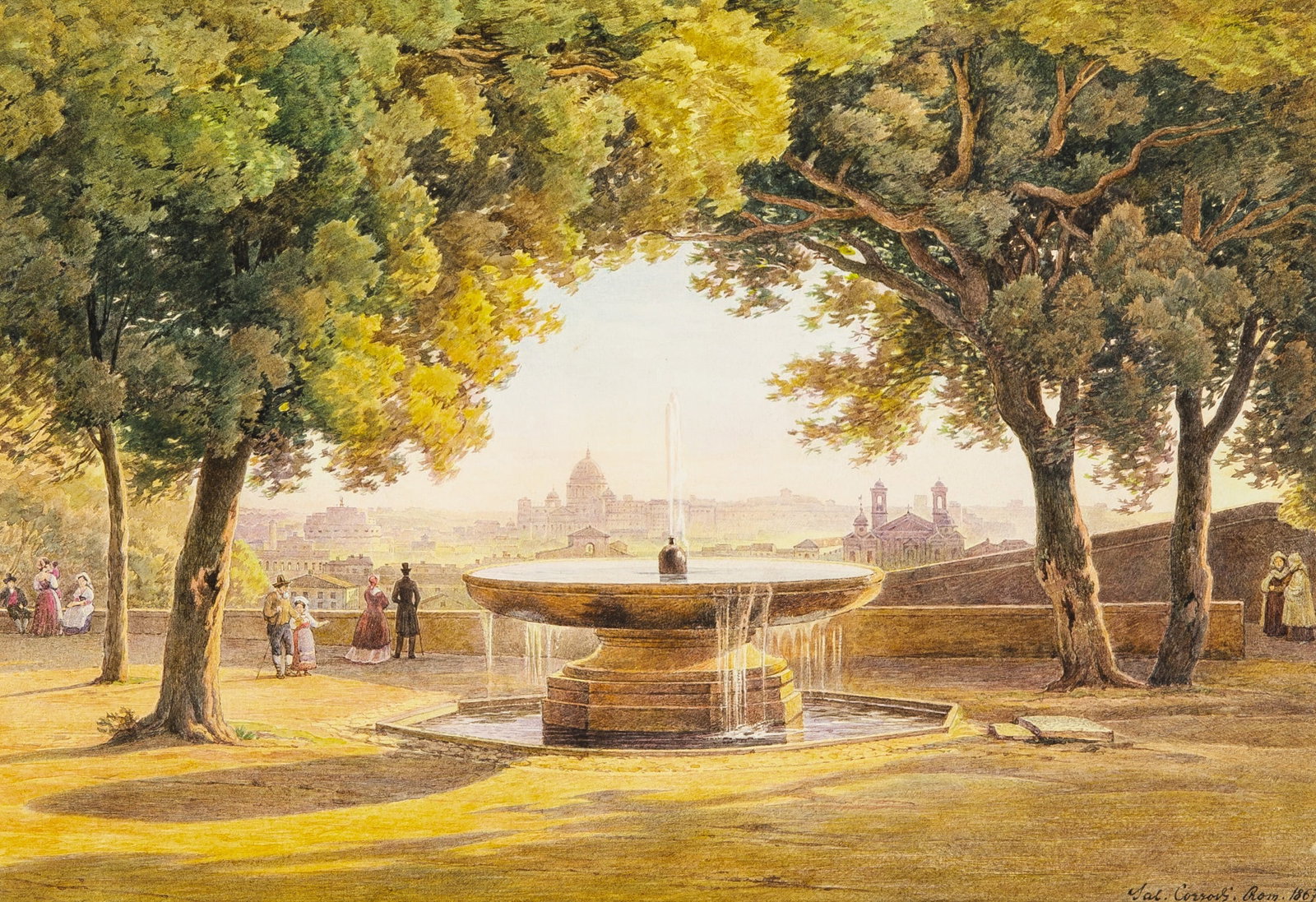 Hermann David Salomon Corrodi: Italian, 1844-1905 The View from the Villa Medici Fountain, Looking toward Saint Peter's Basilica Signed Sal. Corrodi and dated Rom. 1867 (lr) Watercolor on paper Sight 10 3/4 x 15 1/2 inches (27.4 x