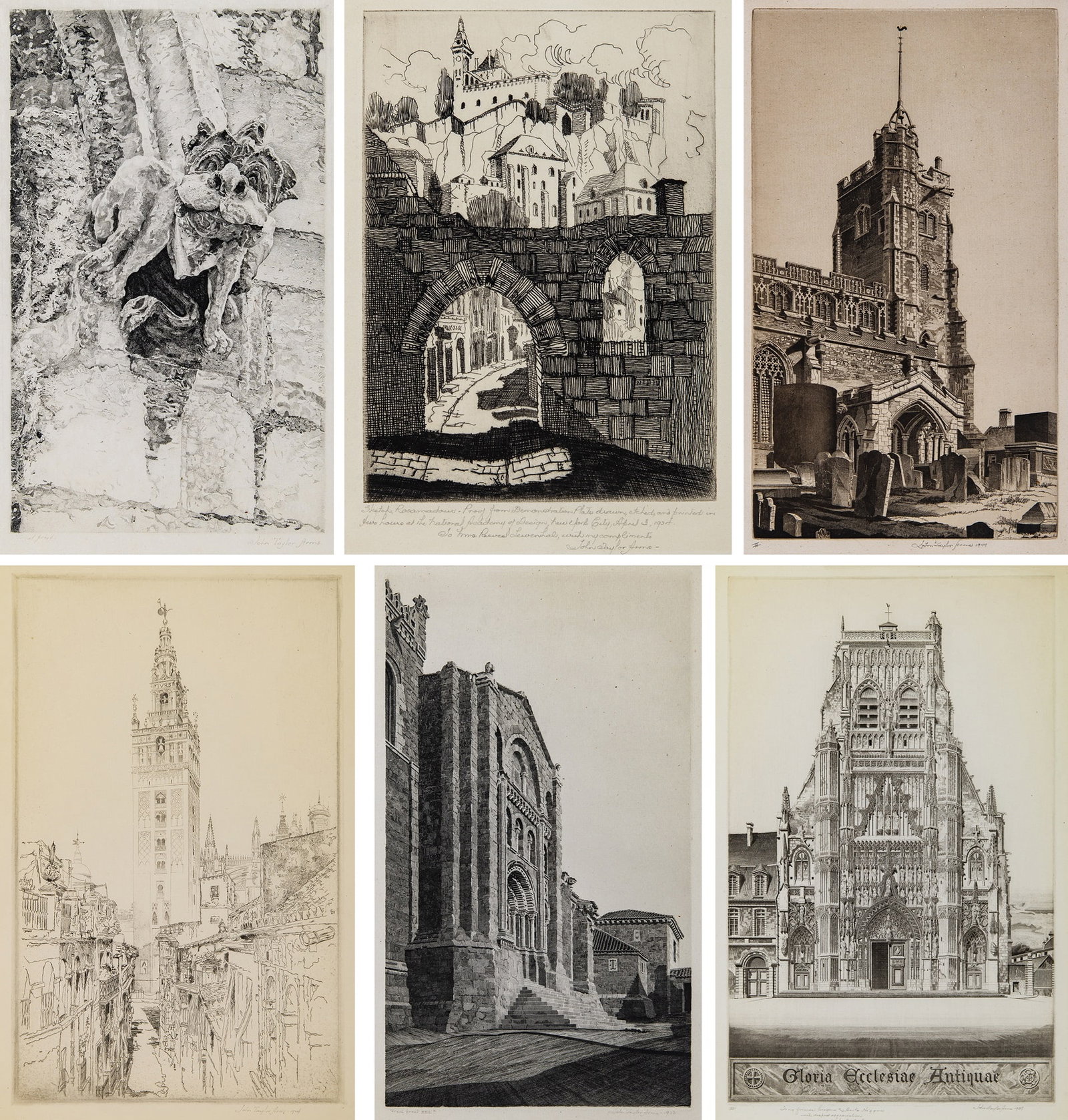 John Taylor Arms (1887-1953): [VARIOUS IMAGES] Six etchings, 1922-44, signed in pencil, with good or full margins, unframed. Largest plate 14 x 8 3/4 inches (35.5 x 22.2 cm)