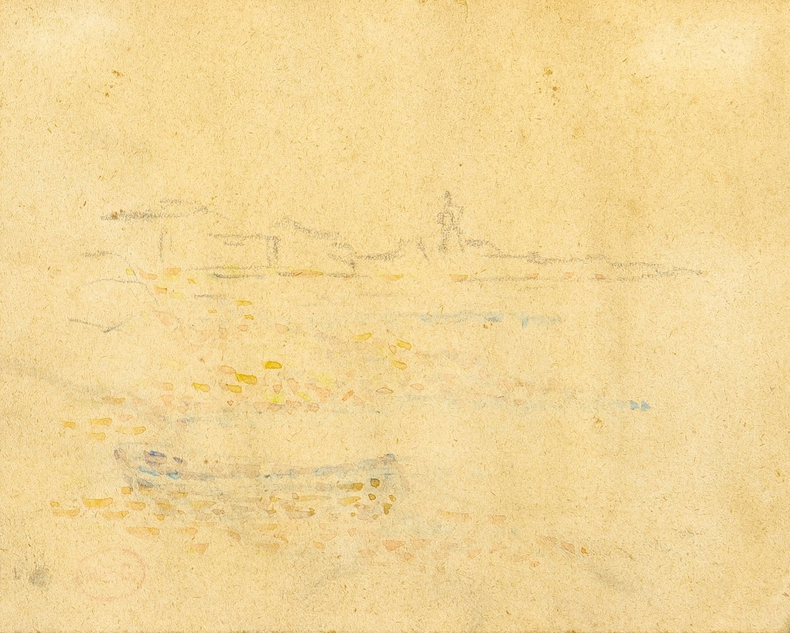 Henri-Edmond Cross (1856-1910): French, 1856-1910 Coastal Landscape Stamped H.E.C. (ll) (Lugt 1305a) Watercolor and pencil on tan wove paper 4 1/2 x 5 1/2 inches (11.4 x 14 cm) Provenance: Sale, Swann Auction Galleries, New Y