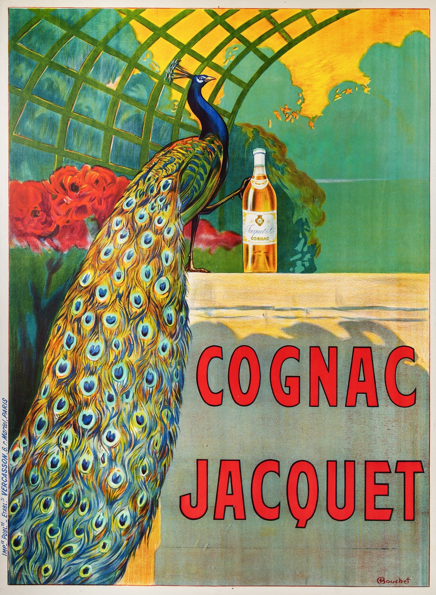 Camille Bouchet (1799-1890): COGNAC JACQUET Color lithograph poster, circa 1910, laid on foamcore, with horizontal folds, published by Vercasson, Paris, framed. Image 59 1/4 x 43 1/4 inches (150.4 x 109.8 cm) Sheet 62 7/8 x 46 3/