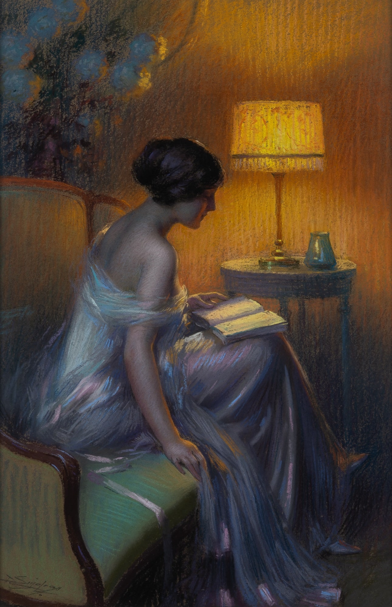 Delphin Enjolras (1857-1945): French, 1857-1945 Reading by Lamplight Signed D. Enjolras (ll) Pastel on board 21 1/2 x 15 inches (54.6 x 38.1 cm) (Framed 29 1/4 x 22 14 inches)