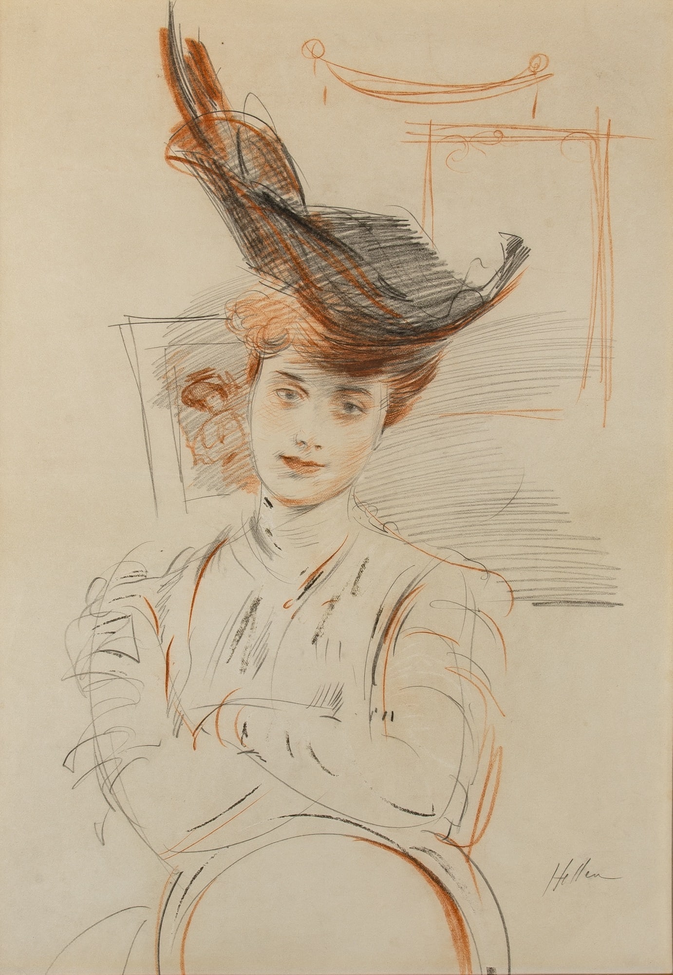 Paul César Helleu (1859-1927): French, 1859-1927 Femme au Chapeau Signed Helleu (lr) Pencil and red chalk on paper 26 3/8 x 18 7/8 inches (67 x 47.9 cm) Provenance: Findlay Galleries, Chicago (Framed 40 1/4 x