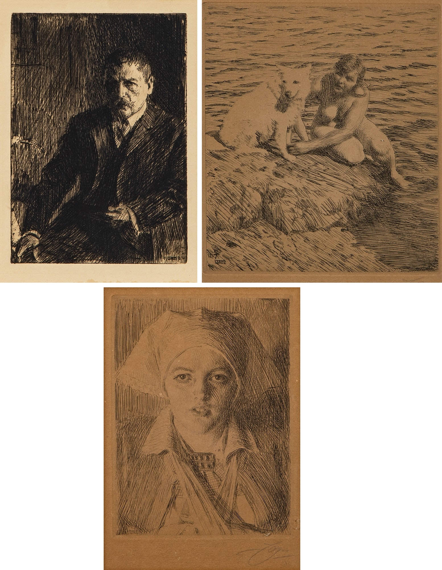 Anders Zorn (1860-1920): SELF-PORTRAIT NO.1; SAPPO; GULLI II (APSLUND 180, 278, 280; HJERT/HJERT 119, 283, 280) Three etchings, 1904, 1917 and 1918, respectively, on laid paper, the second and third signed in pencil, with goo