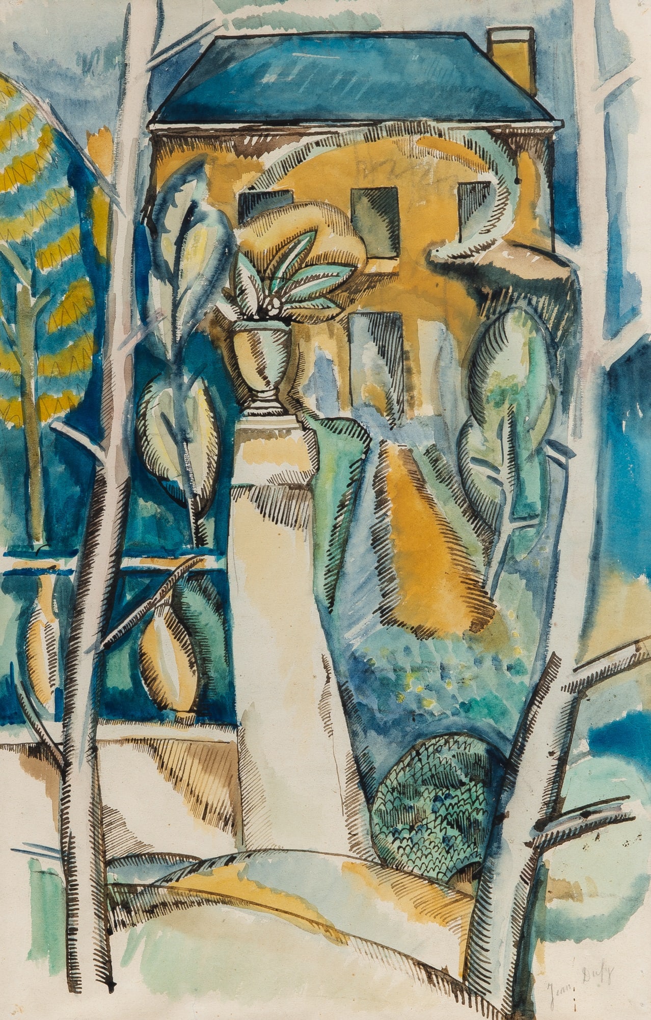 Jean Dufy: French, 1888-1964 Maison dans le Parc, circa 1916-18 Signed Jean Dufy (lr) Watercolor and ink with traces of pencil on paper 21 1/8 x 13 5/8 inches (53.6 x 34.6