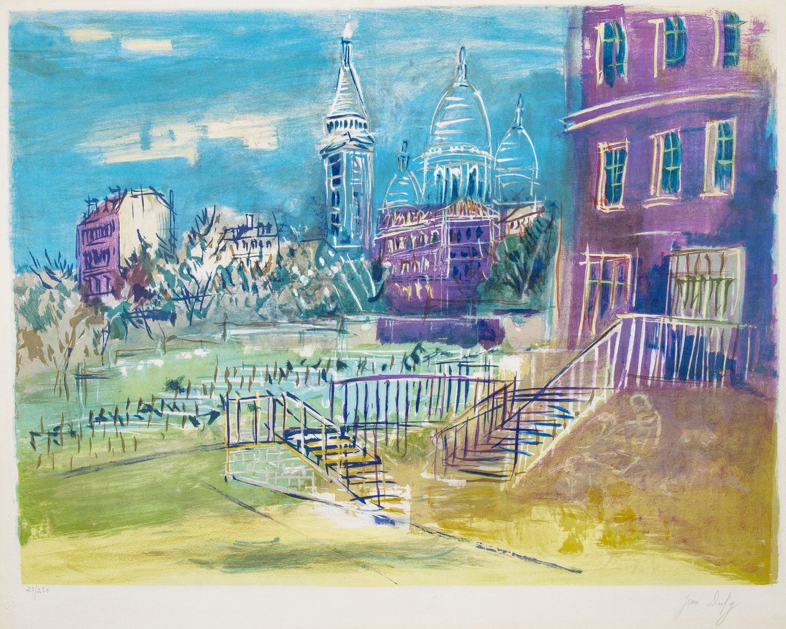 Jean Dufy (1888-1964): MONTMARTRE ET SACRÉ COEUR Color lithograph, circa 1950, on Arches wove paper, signed and numbered 23/250 in pencil, published by the Guilde de la Gravure, Paris and with their blindstamp, with fu