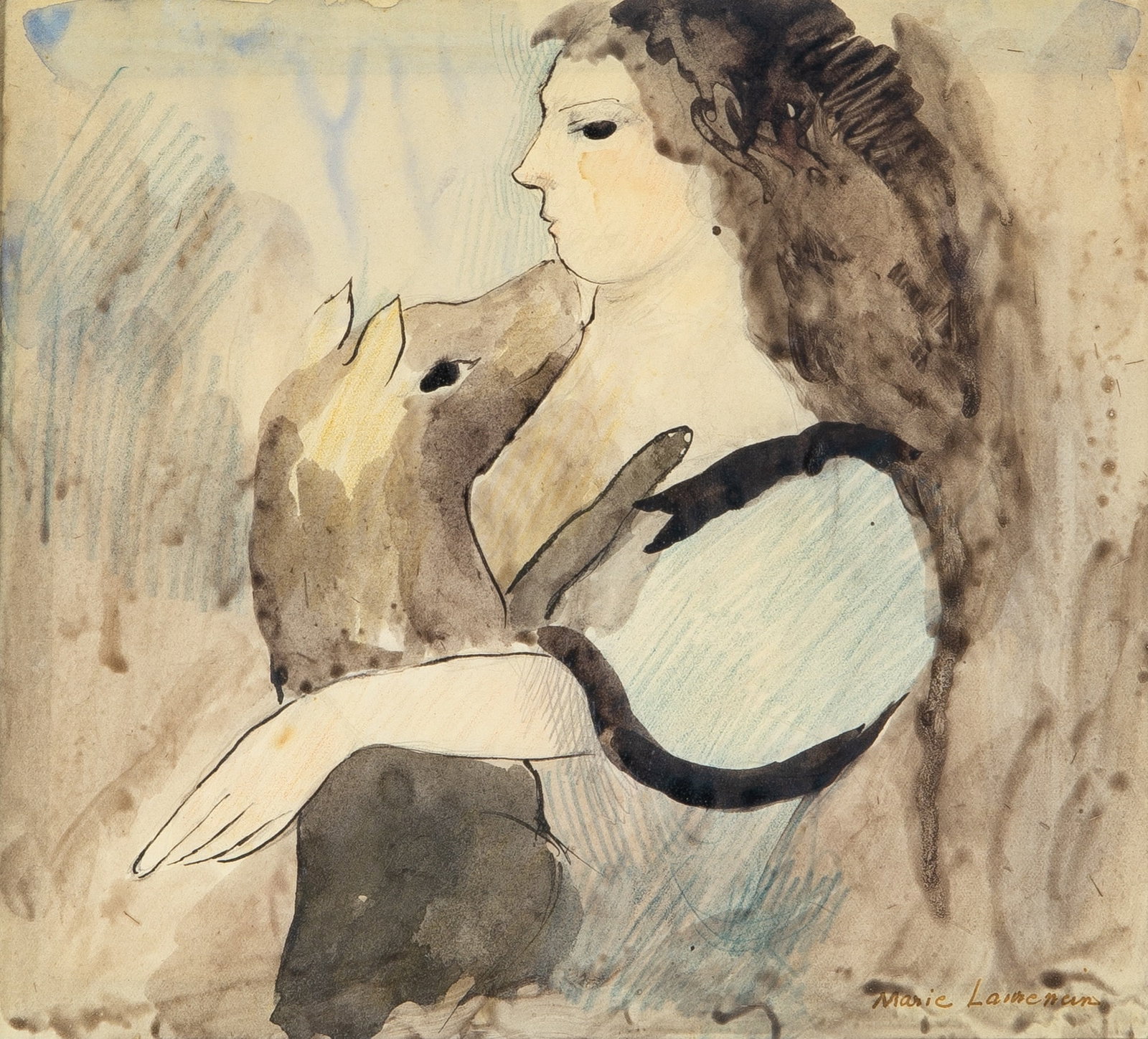 Marie Laurencin: French, 1883-1956 Girl with Her Dog Signed Marie Laurencin (lr) Watercolor, ink, pencil and crayon on sketchpad paper 7 1/8 x 8 1/4 inches (18 x 21 cm) (Framed 13 x 13 3/4 inches)