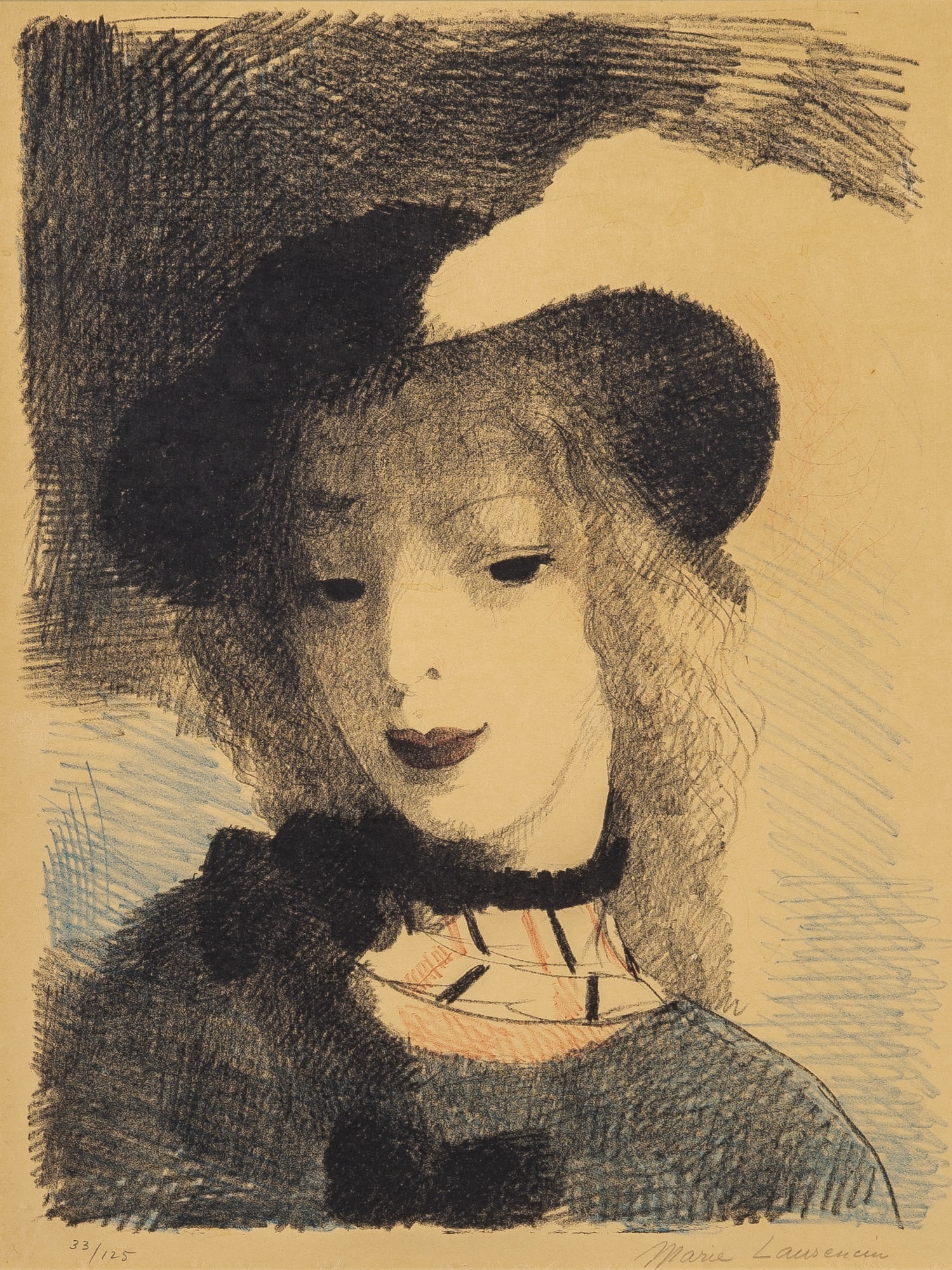 Marie Laurencin (1883-1956): ELVIRE (MARCHESSEAU 148) Color lithograph, 1930, on wove paper, signed and numbered 33/125 in pencil, published by Jacquart, Paris, framed. Image 14 5/8 x 11 inches (37.1 x 27.9 cm) Frame 28 1/8 x 23 