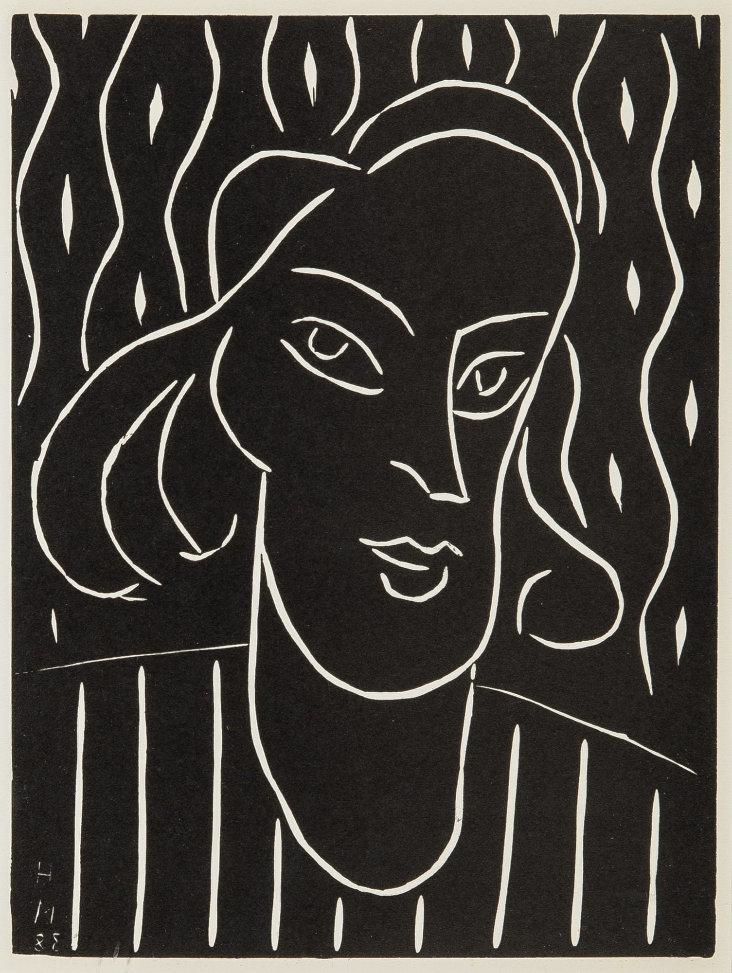 Henri Matisse (1869-1954): TEENY (DUTHUIT 723) Linocut, 1938, on wove paper, from the edition of 1500, published in XXe Siècle, No. 4, with full margins, framed. Image 11 1/2 x 8 5/8 inches (29.2 x 21.9 cm) Sheet 12 3/16 x 9 1