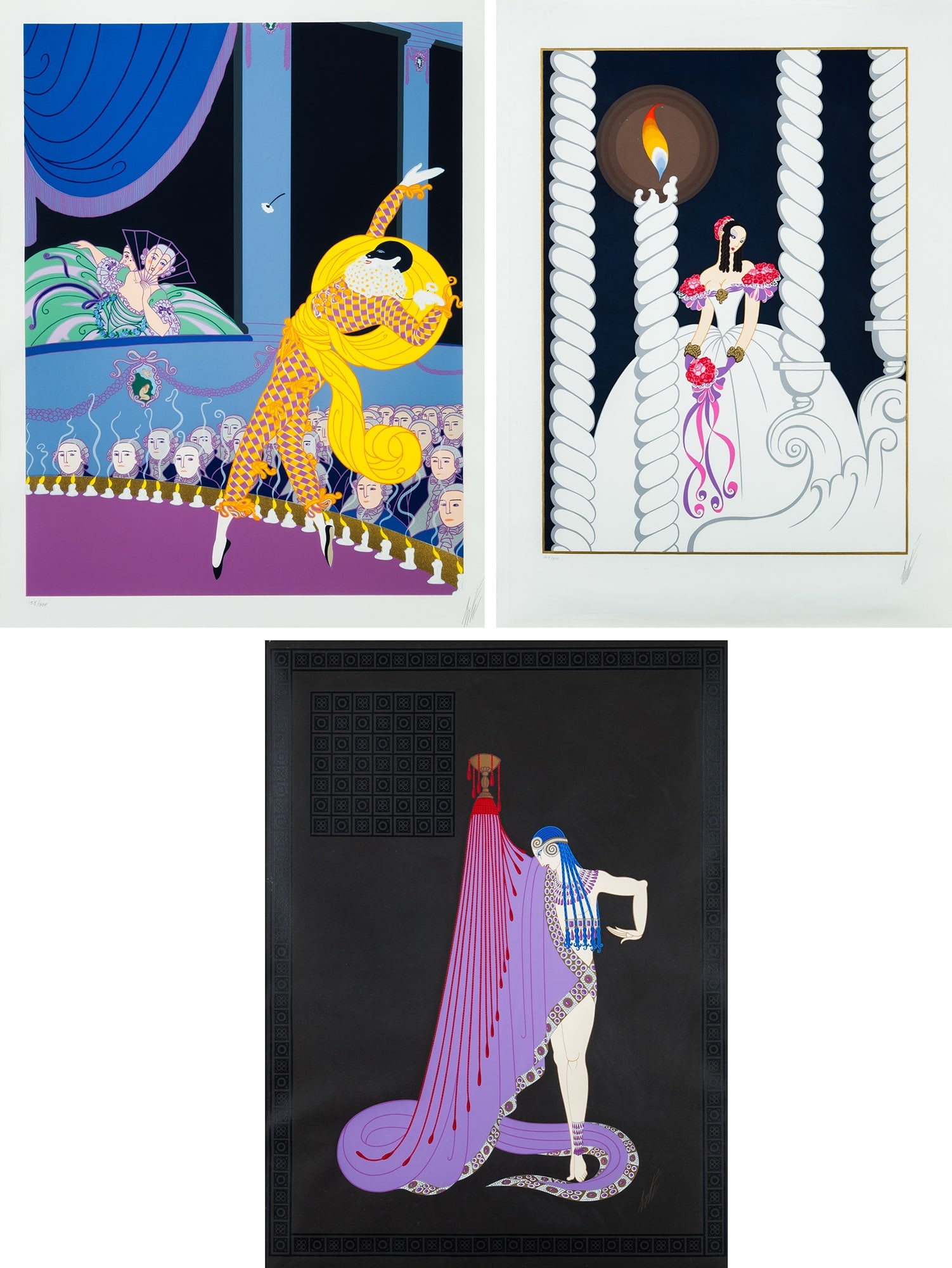 Erté (Romain de Tirtoff) (1892-1990): HARLEQUIN; LA TRAVIATA; SLAVE Three color screenprints, 1982(2) and 1983, respectively, on wove paper, signed and numbered 158/300, 206/300 and 198/300 in pencil, with full margins, framed. Largest im