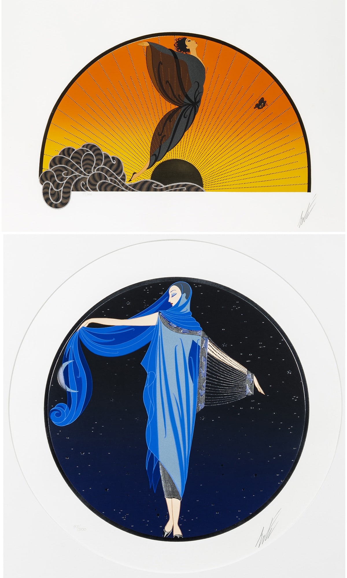 Erté (Romain de Tirtoff) (1892-1990): SUNRISE; MOONLIGHT Complete set of two color screenprints, 1984, on wove paper, signed and numbered 97/300 in pencil, from the Sunrise/Moonlight Suite, published by Chalk & Vermilion Fine Arts, Ne
