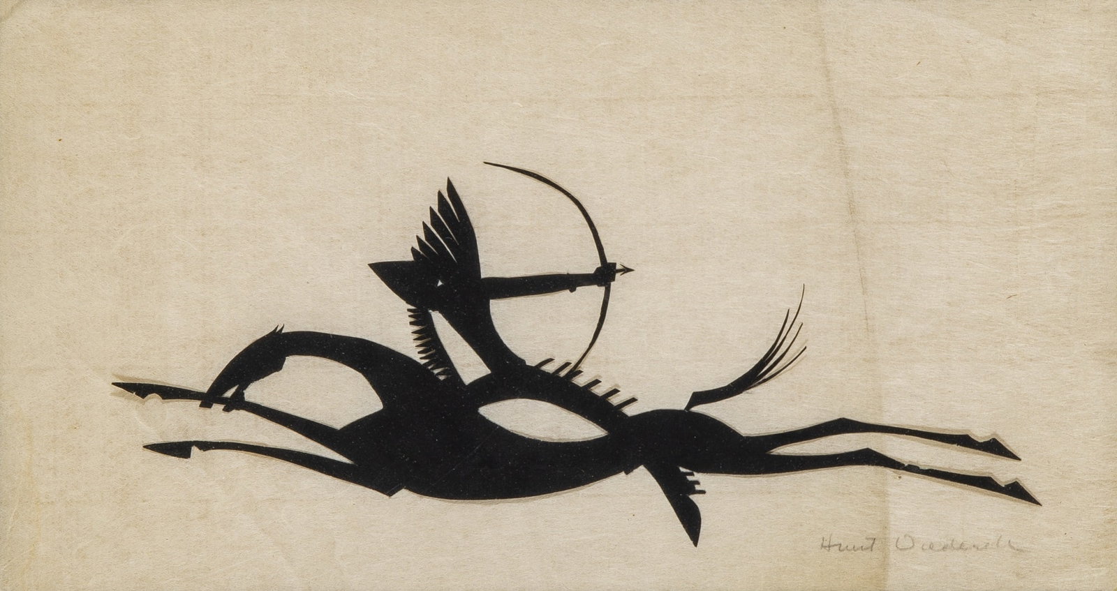 Wilhelm Hunt Diederich: American, 1884-1953 Warrior on Horseback Signed Hunt Diederich (lr) on the mount Cut paper silhouette 4 x 9 5/8 inches (10.2 x 24.5 cm) (Framed 16 x 21 1/2 inches)